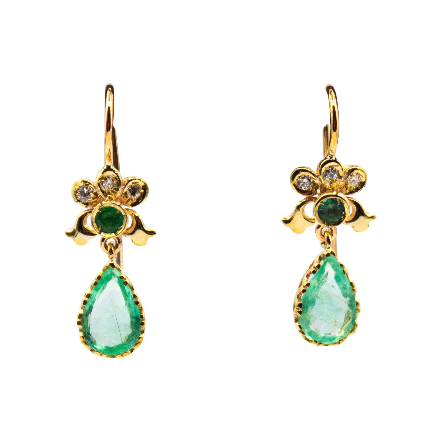 Art Nouveau Style White Diamond Pear Cut Emerald Yellow Gold Earrings For Sale