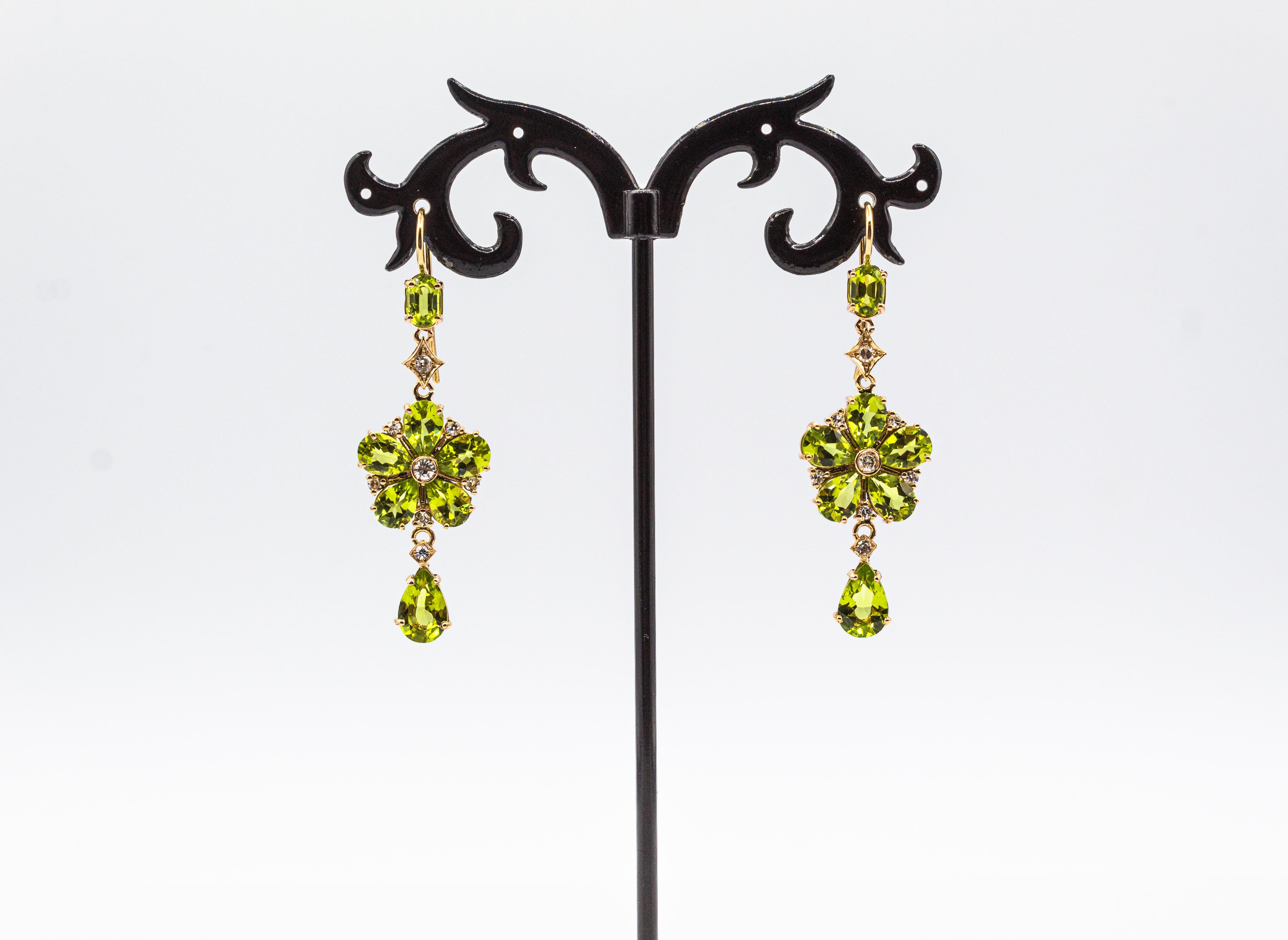 Art Nouveau Style White Diamond Pear Cut Peridot Yellow Gold Flowers Earrings For Sale 1