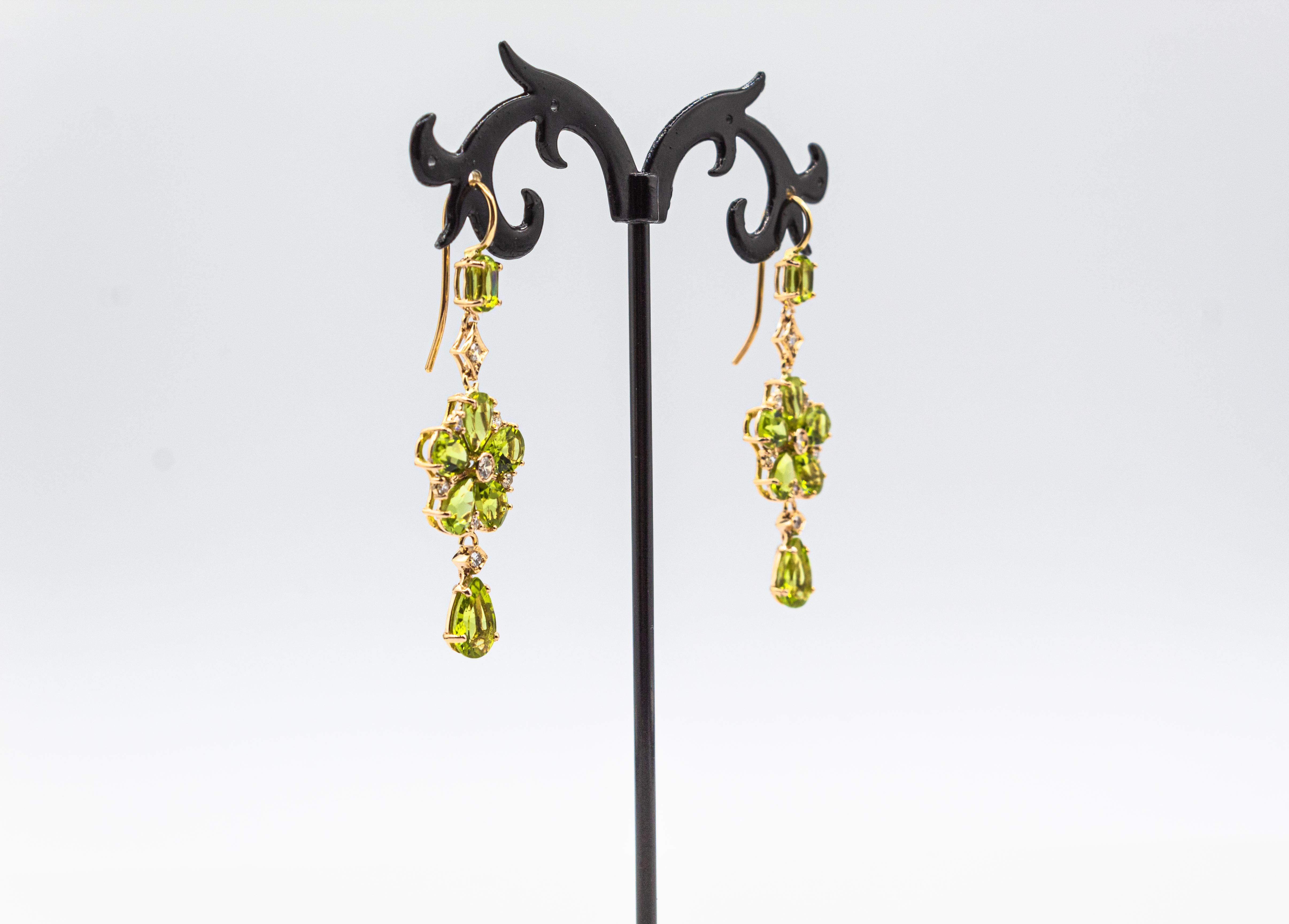 Art Nouveau Style White Diamond Pear Cut Peridot Yellow Gold Flowers Earrings For Sale 2