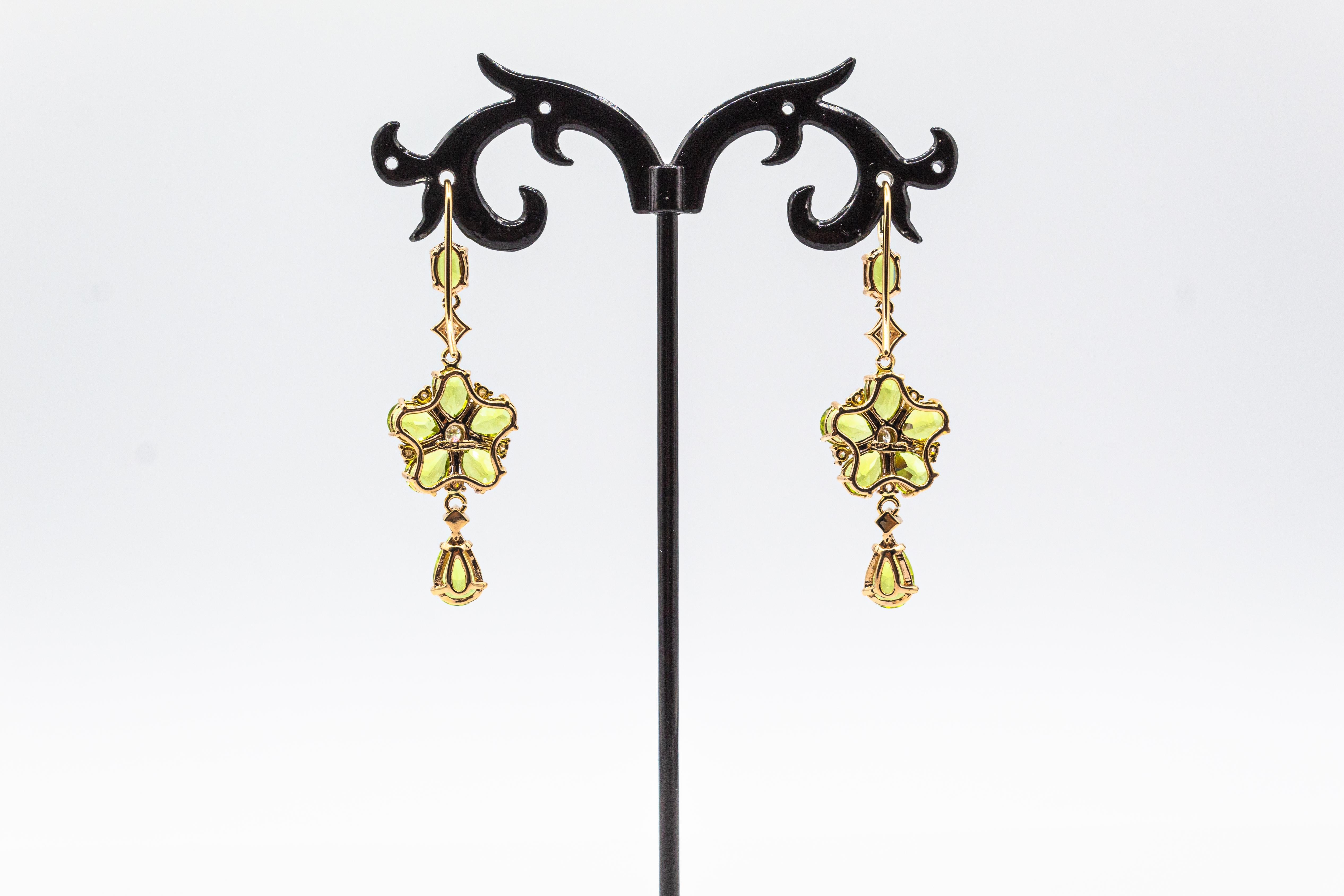 Art Nouveau Style White Diamond Pear Cut Peridot Yellow Gold Flowers Earrings For Sale 3