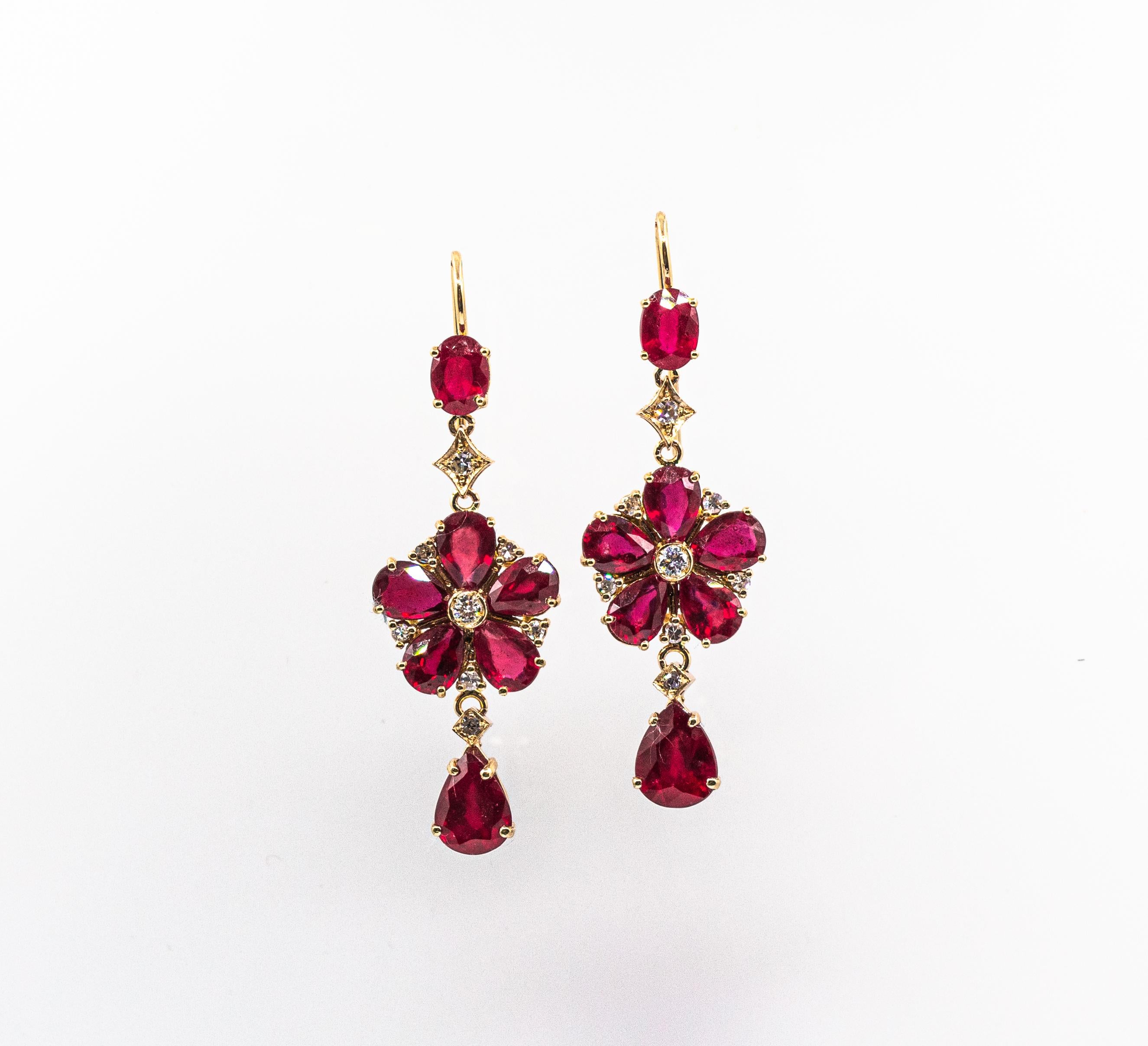 Art Nouveau Style White Diamond Pear Cut Ruby Yellow Gold Flowers Earrings 6
