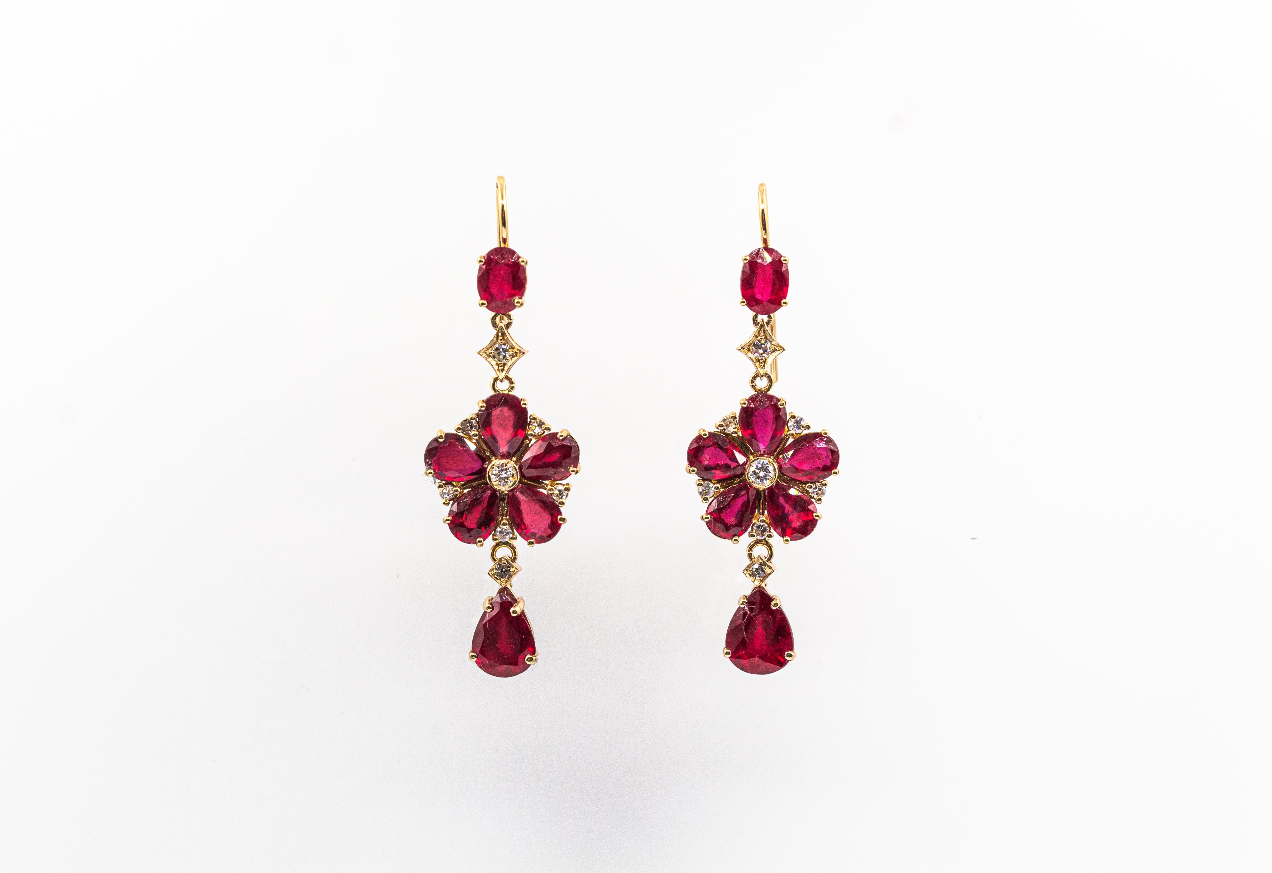 Art Nouveau Style White Diamond Pear Cut Ruby Yellow Gold Flowers Earrings 7