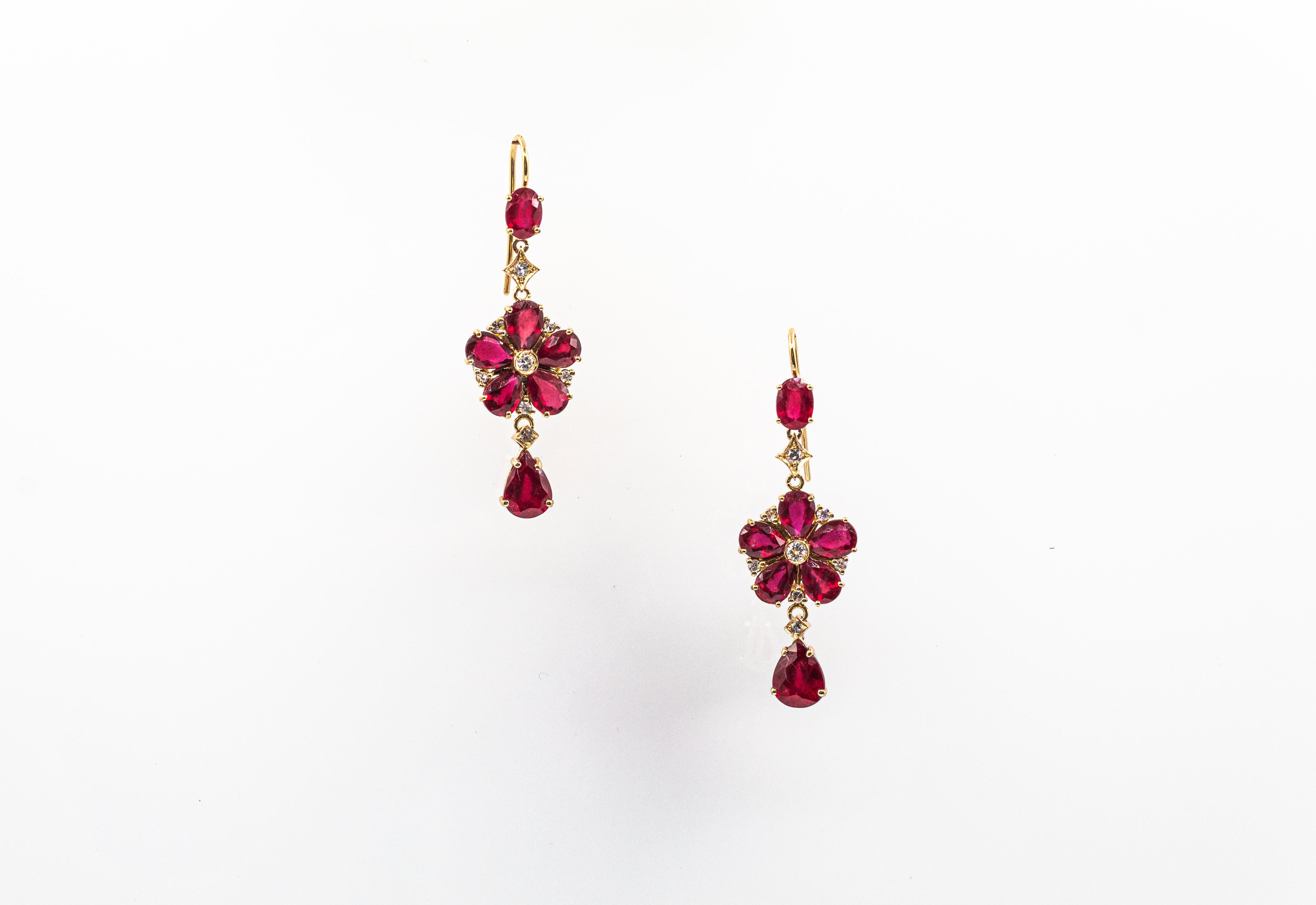 Art Nouveau Style White Diamond Pear Cut Ruby Yellow Gold Flowers Earrings 8