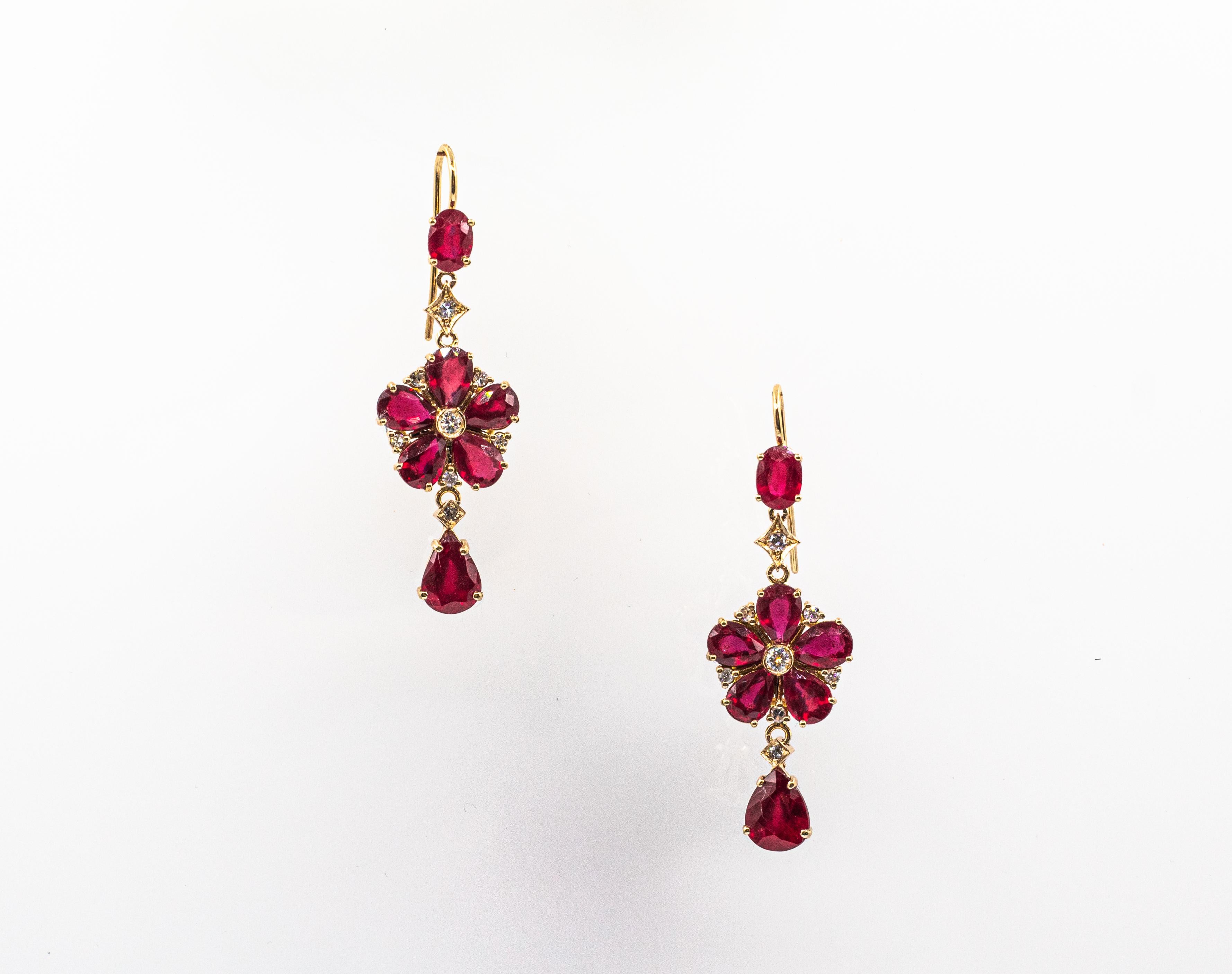 Art Nouveau Style White Diamond Pear Cut Ruby Yellow Gold Flowers Earrings 9