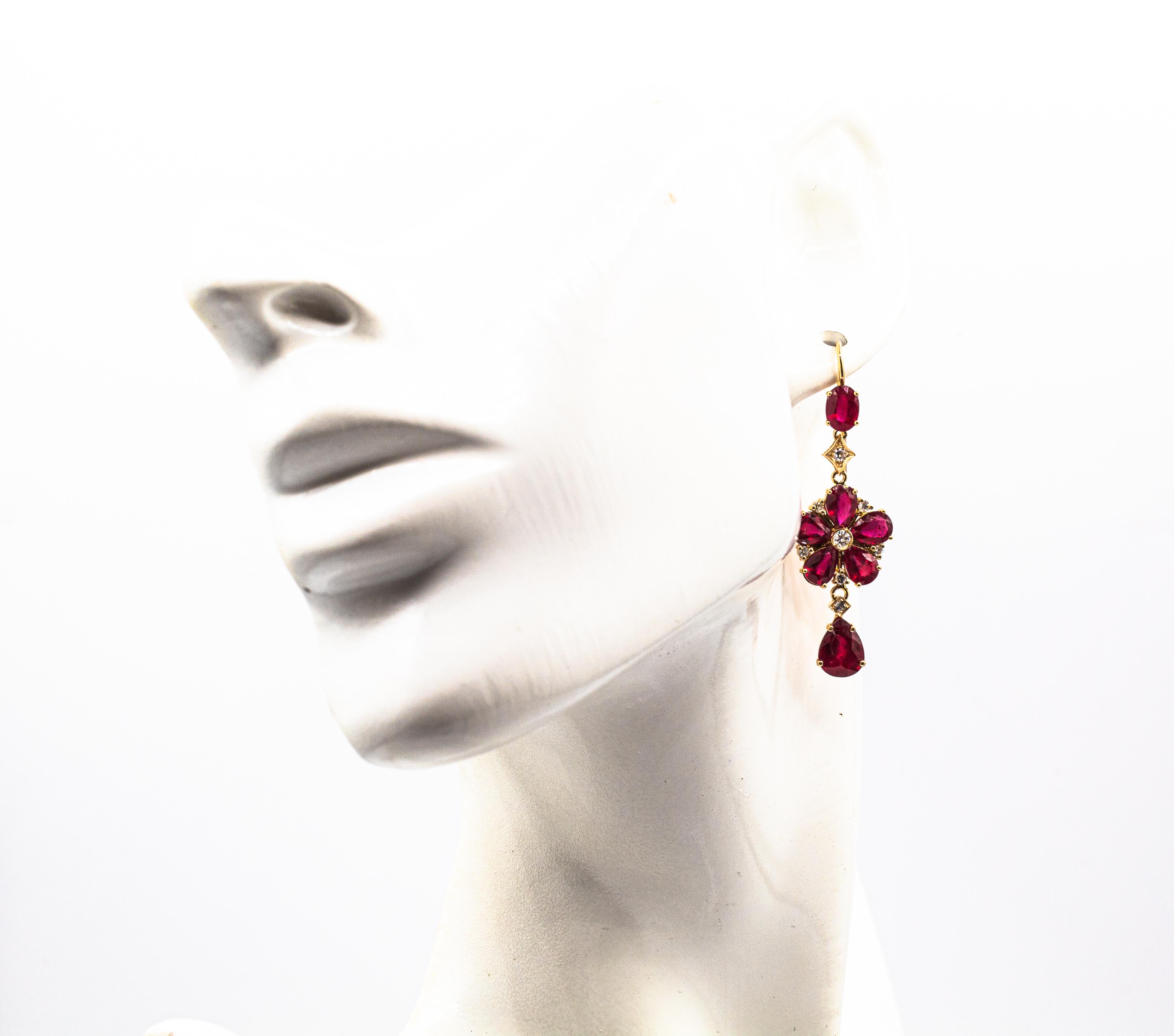 Art Nouveau Style White Diamond Pear Cut Ruby Yellow Gold Flowers Earrings 10