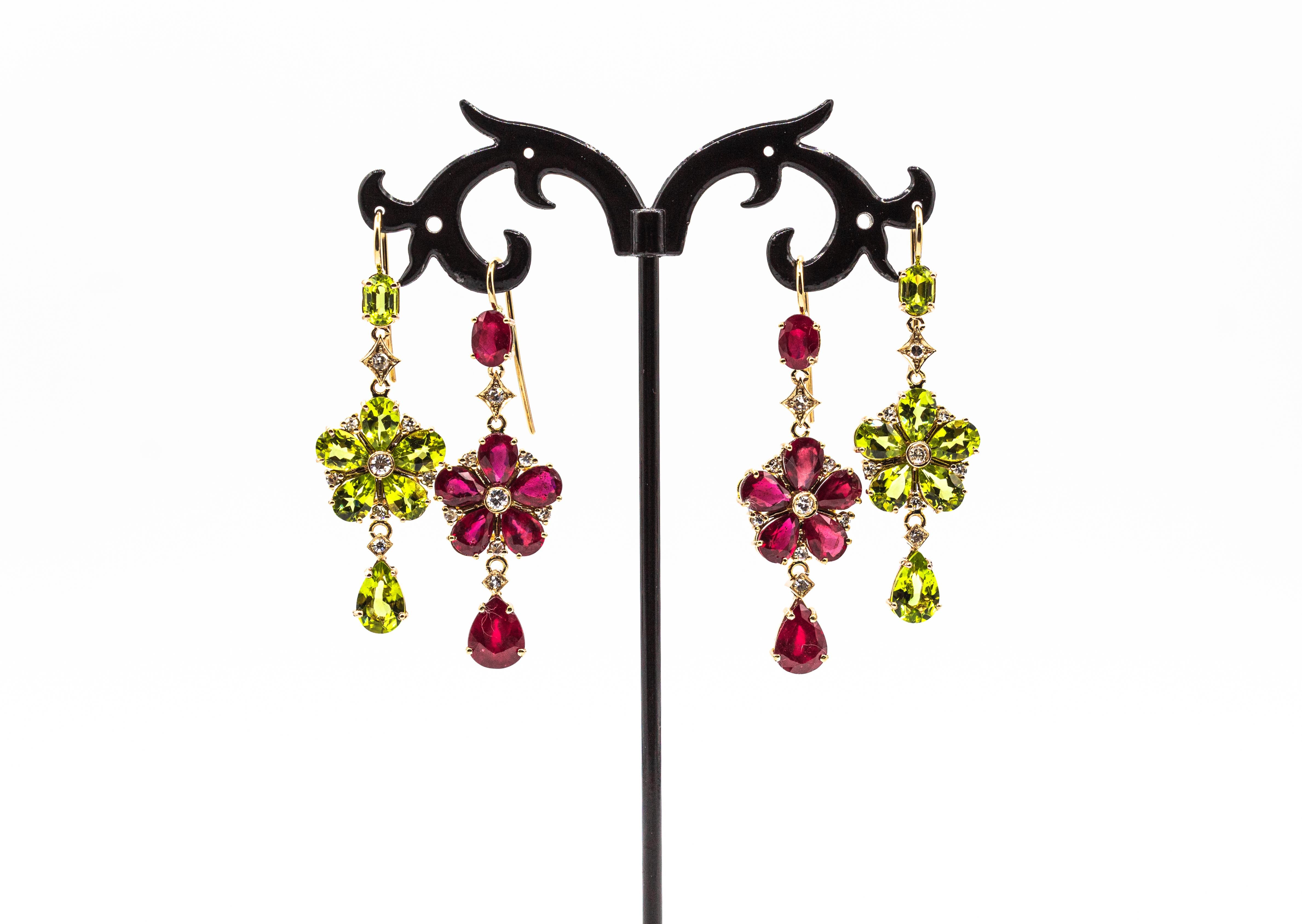 Art Nouveau Style White Diamond Pear Cut Ruby Yellow Gold Flowers Earrings In New Condition In Naples, IT