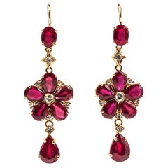 Art Nouveau Style White Diamond Pear Cut Ruby Yellow Gold Flowers Earrings Art Nouveau Style White Diamond Pear Cut Ruby Yellow Gold Flowers Earrings