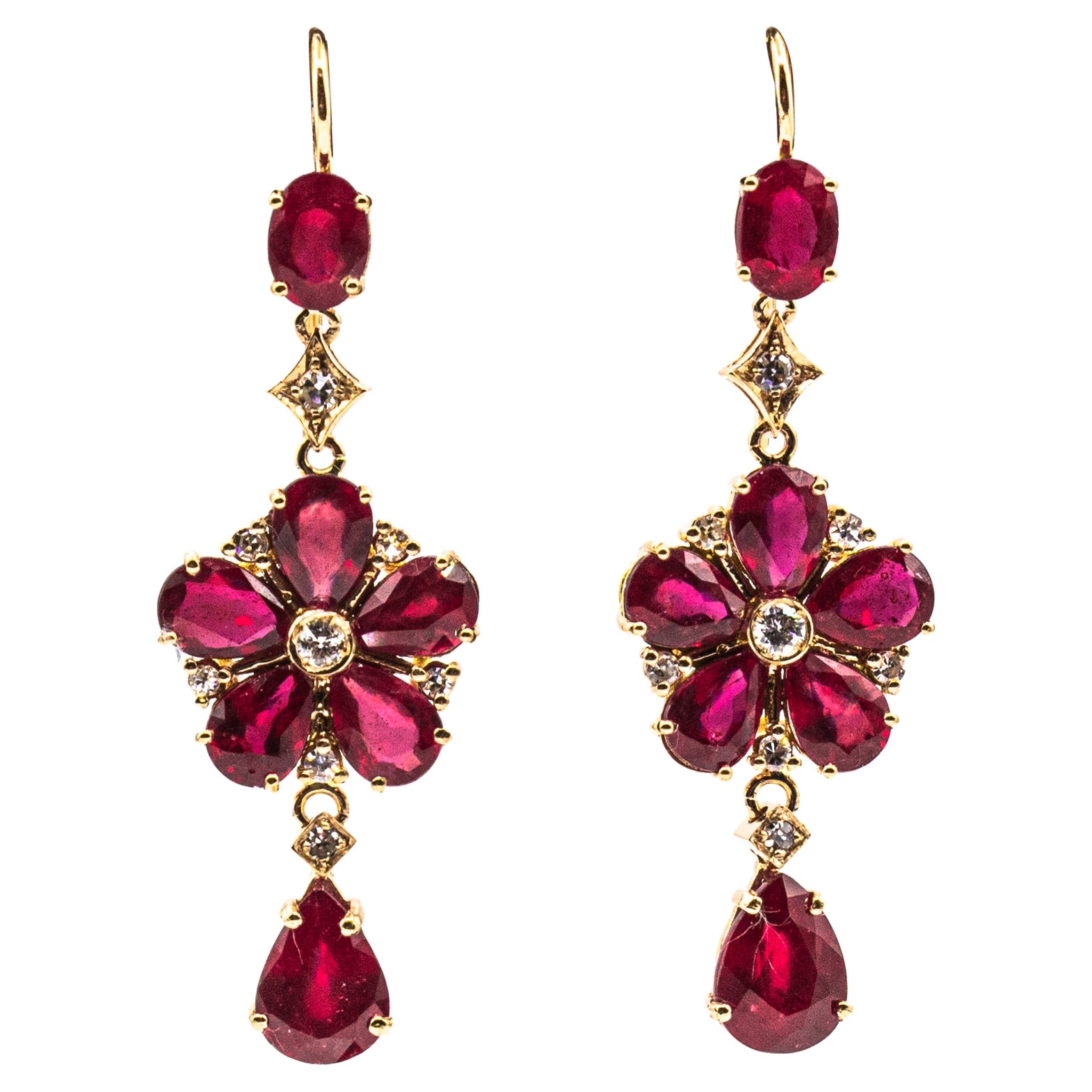 Art Nouveau Style White Diamond Pear Cut Ruby Yellow Gold Flowers Earrings