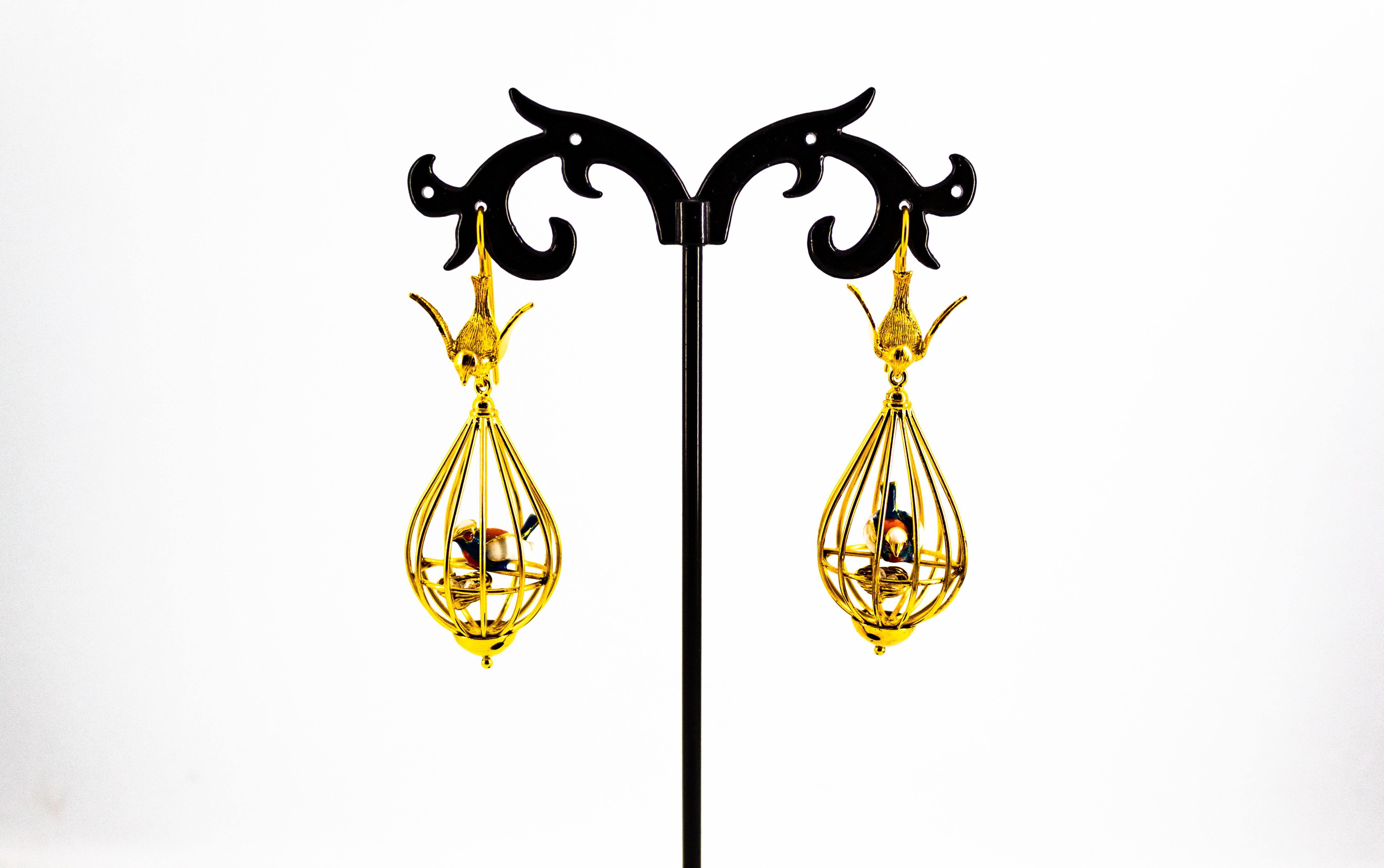 Art Nouveau Style White Diamond Pearl Enamel Yellow Gold Birdcage Drop Earrings 5