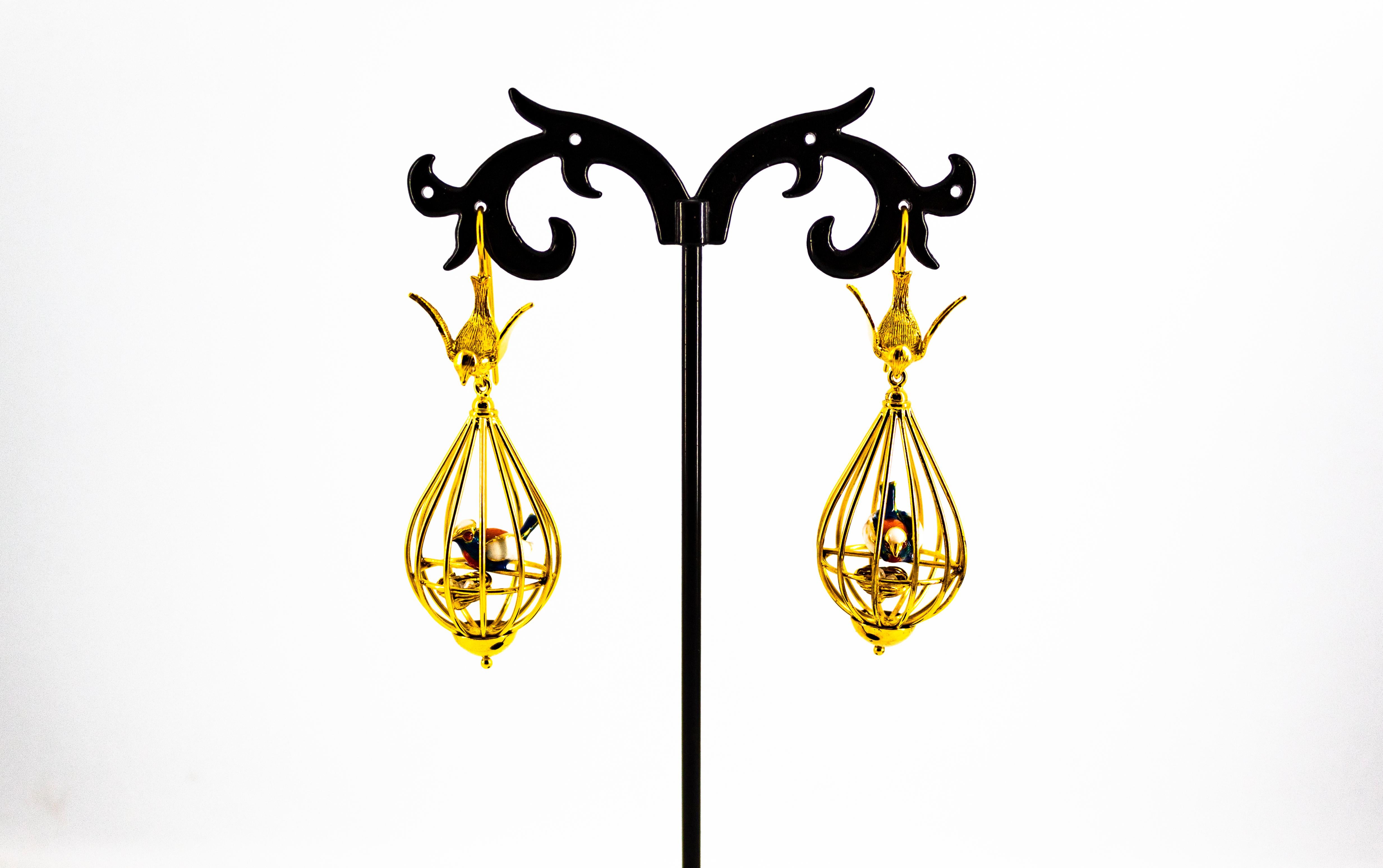 Art Nouveau Style White Diamond Pearl Enamel Yellow Gold Birdcage Drop Earrings 5