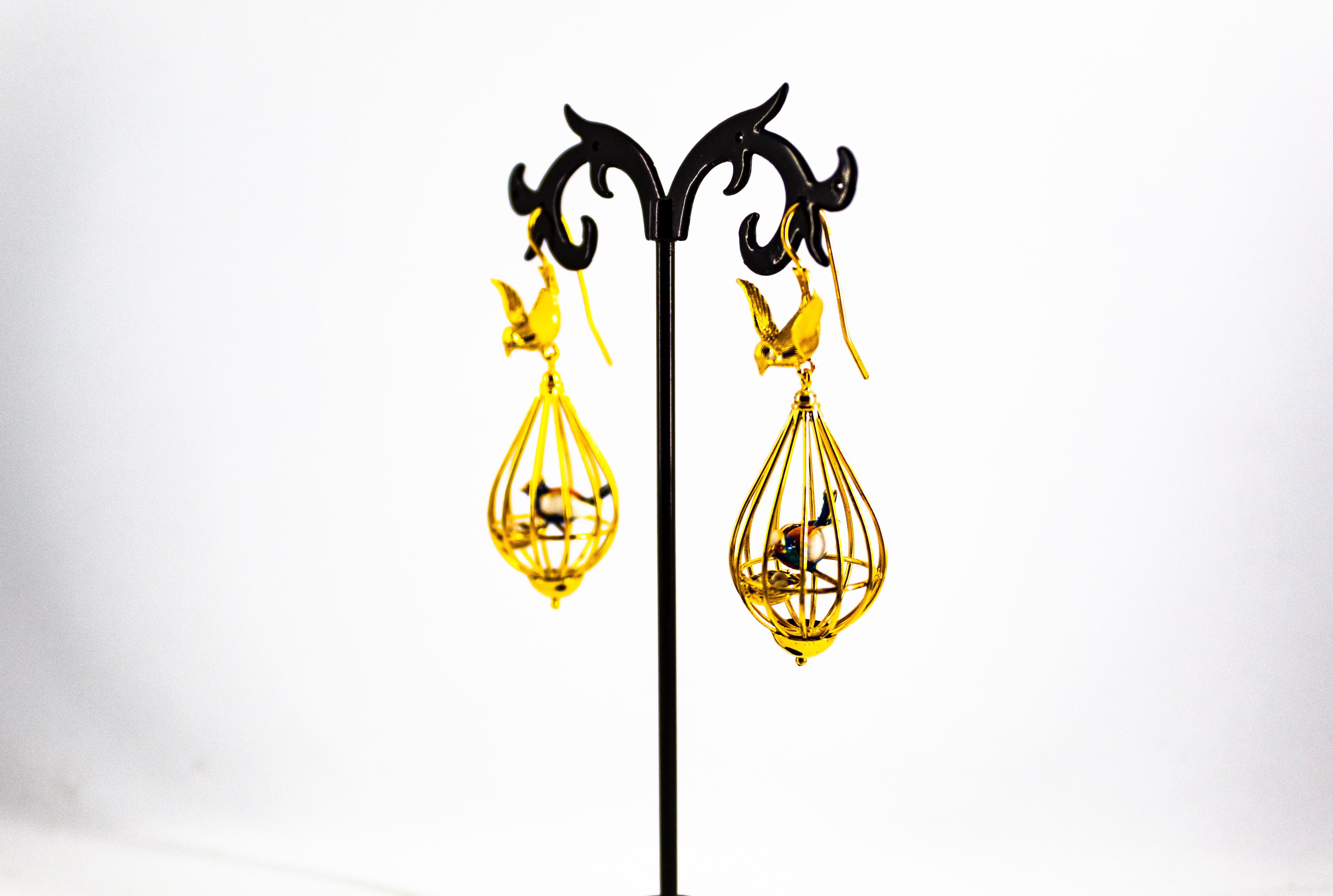 Art Nouveau Style White Diamond Pearl Enamel Yellow Gold Birdcage Drop Earrings 6