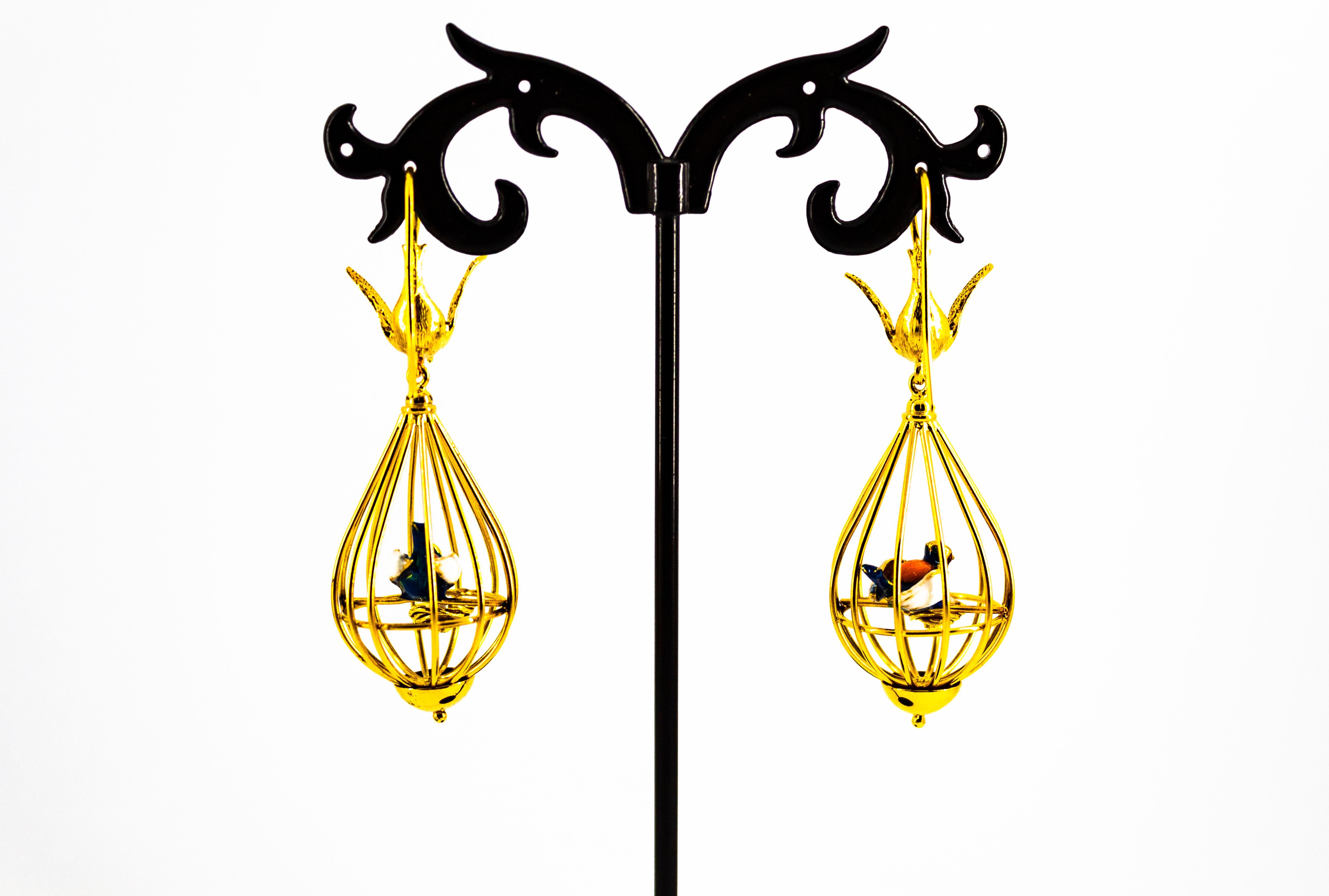 Art Nouveau Style White Diamond Pearl Enamel Yellow Gold Birdcage Drop Earrings 7