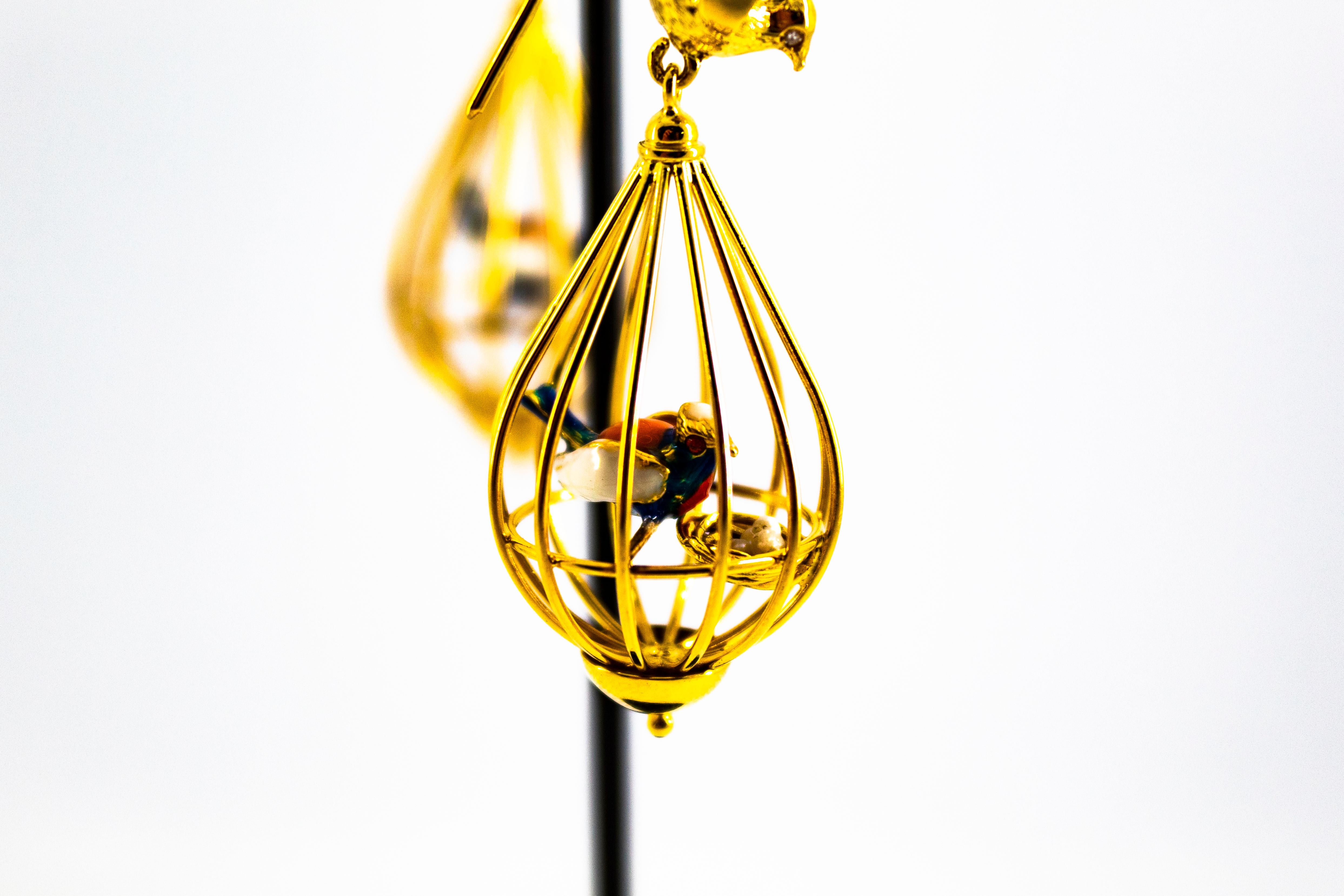 Art Nouveau Style White Diamond Pearl Enamel Yellow Gold Birdcage Drop Earrings For Sale 8