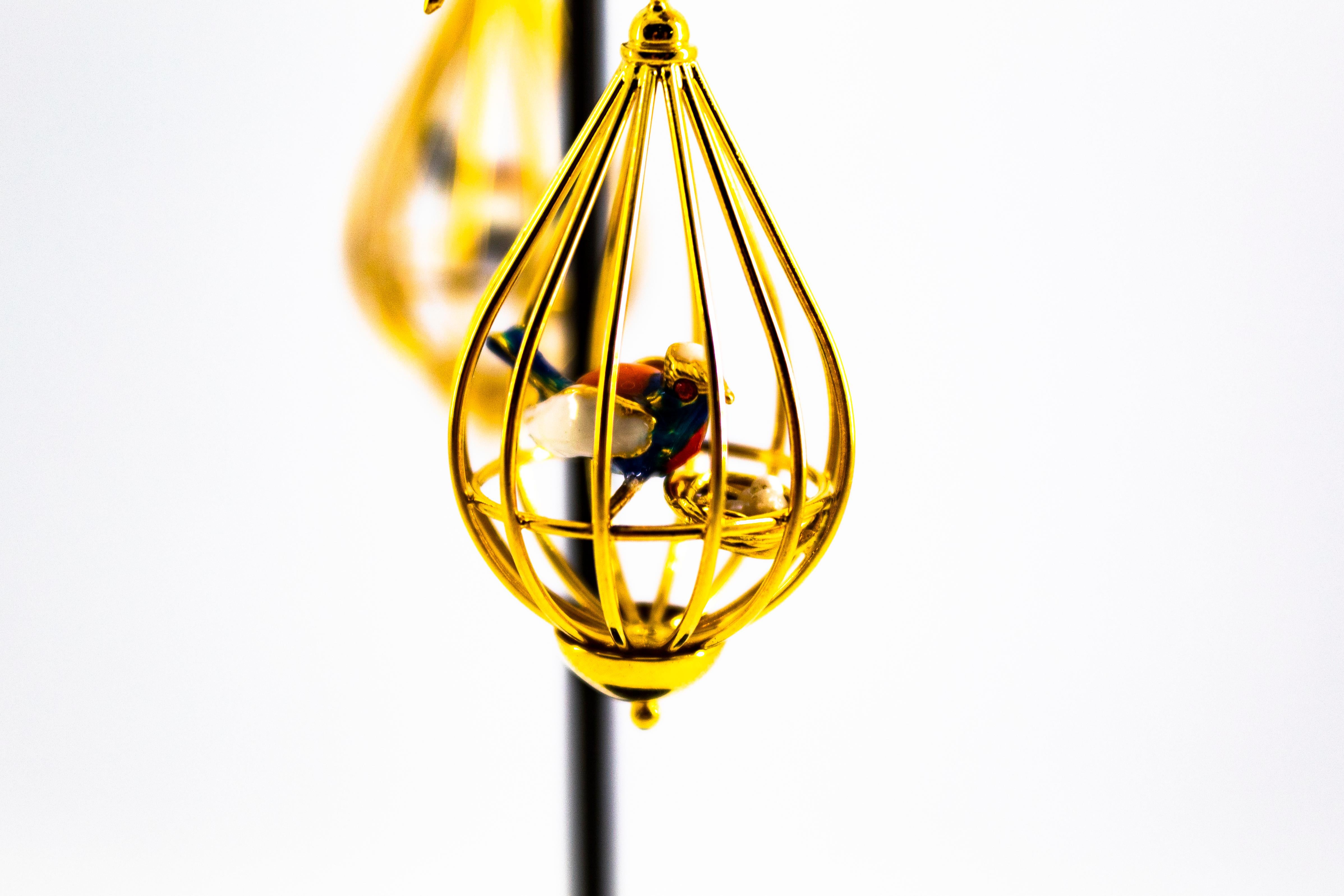Art Nouveau Style White Diamond Pearl Enamel Yellow Gold Birdcage Drop Earrings 9