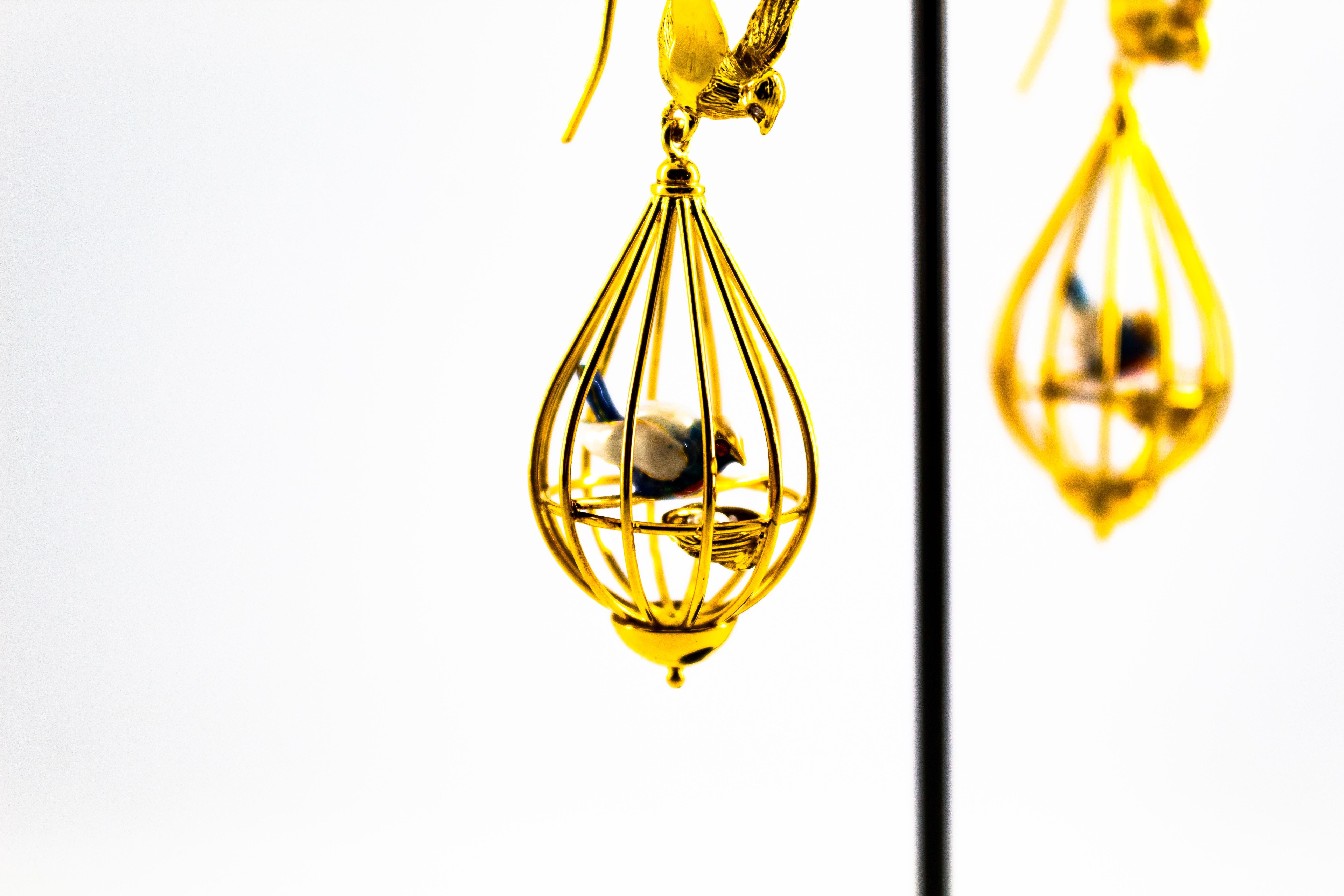 Art Nouveau Style White Diamond Pearl Enamel Yellow Gold Birdcage Drop Earrings 10