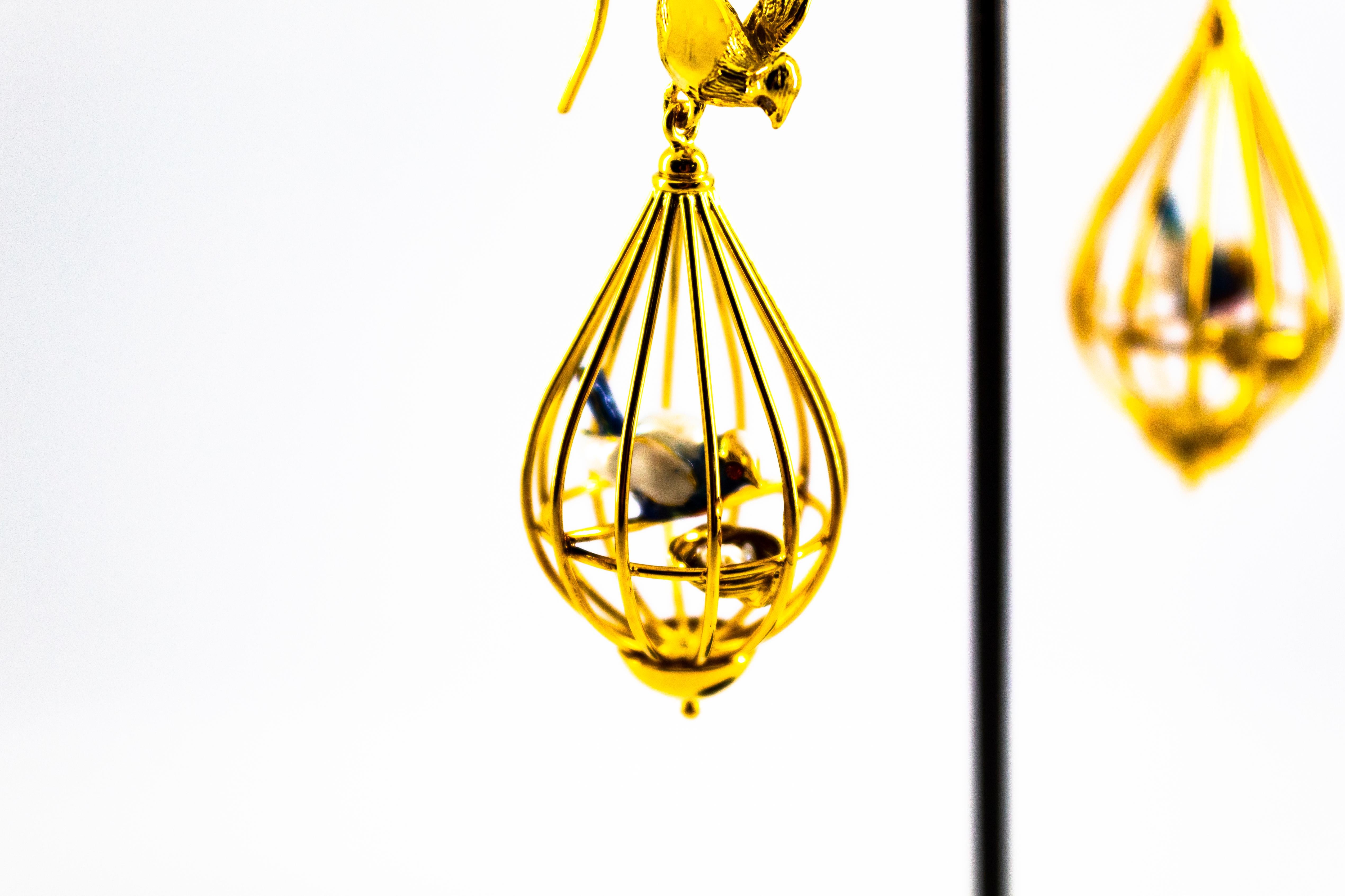 Art Nouveau Style White Diamond Pearl Enamel Yellow Gold Birdcage Drop Earrings For Sale 11