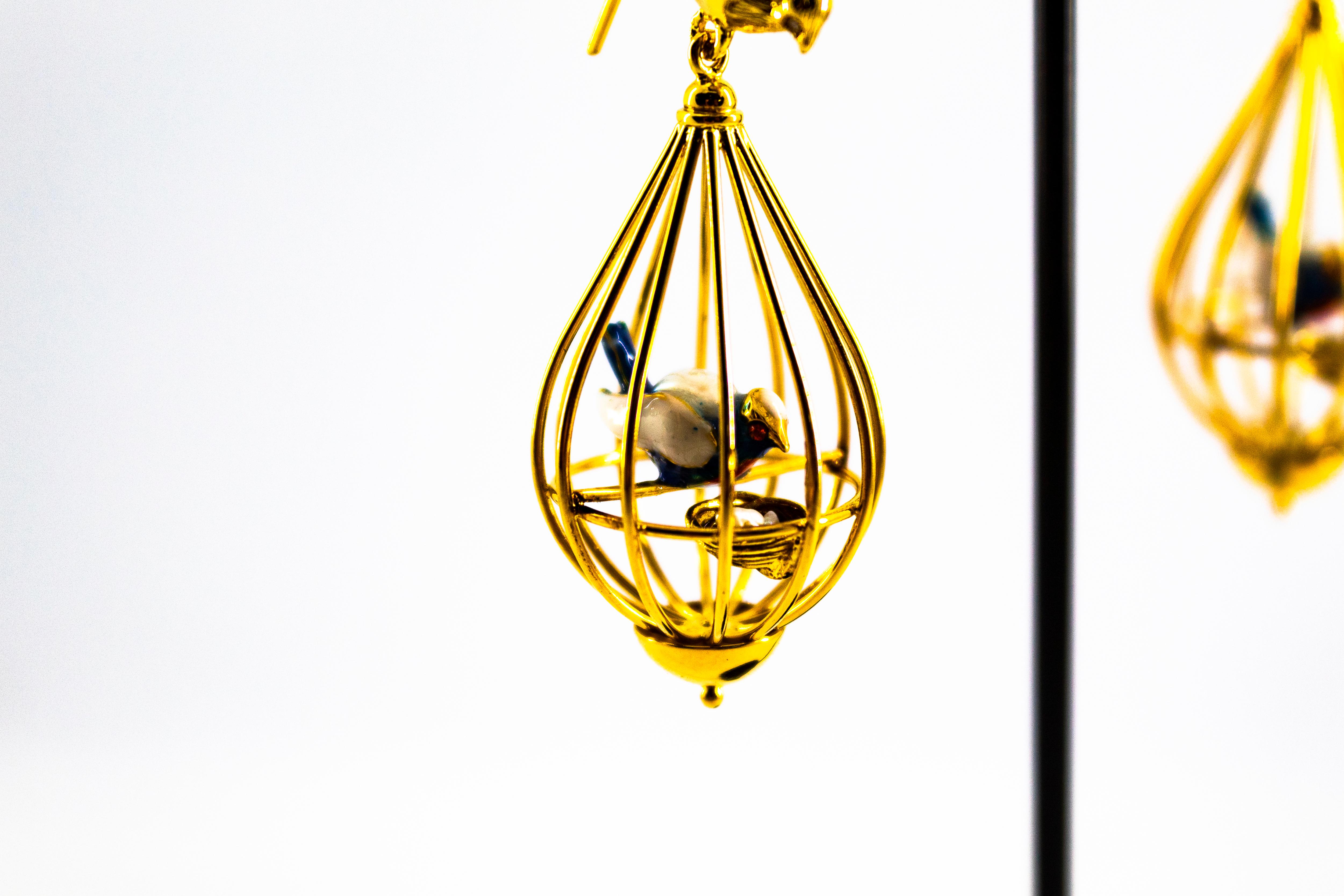 Art Nouveau Style White Diamond Pearl Enamel Yellow Gold Birdcage Drop Earrings 12