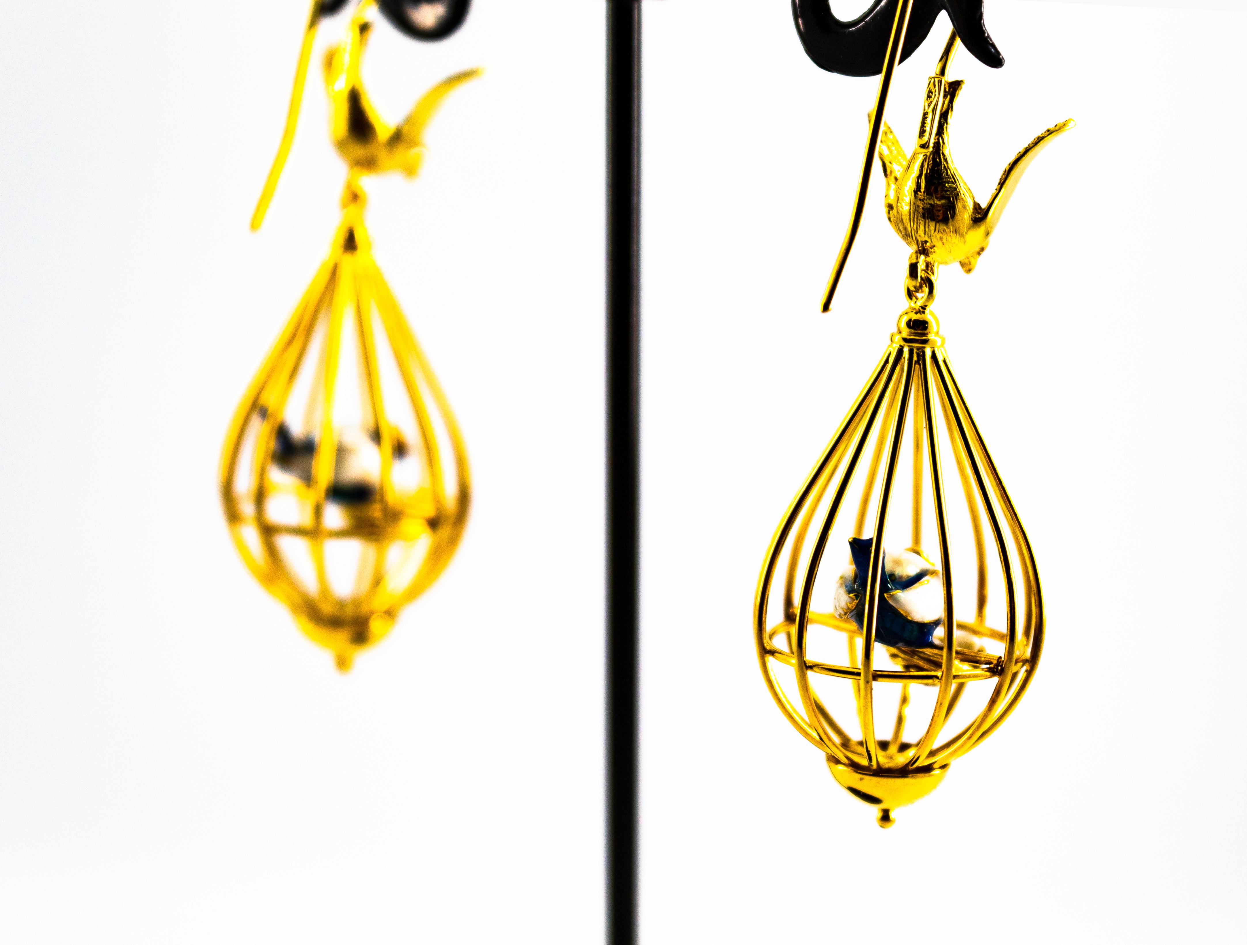 Art Nouveau Style White Diamond Pearl Enamel Yellow Gold Birdcage Drop Earrings 13
