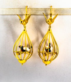 Art Nouveau Style White Diamond Pearl Enamel Yellow Gold Birdcage Drop Earrings