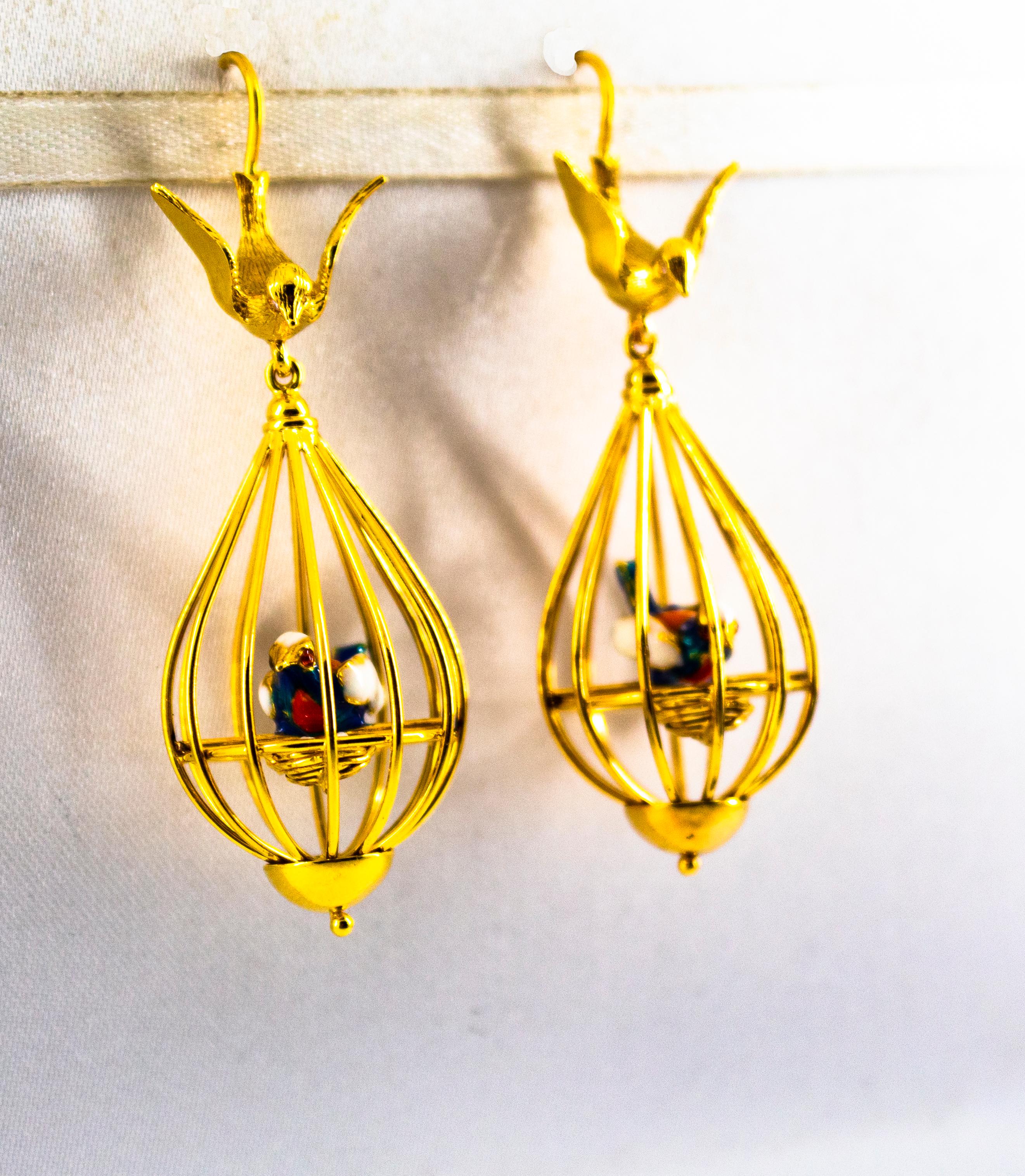 Brilliant Cut Art Nouveau Style White Diamond Pearl Enamel Yellow Gold Birdcage Drop Earrings