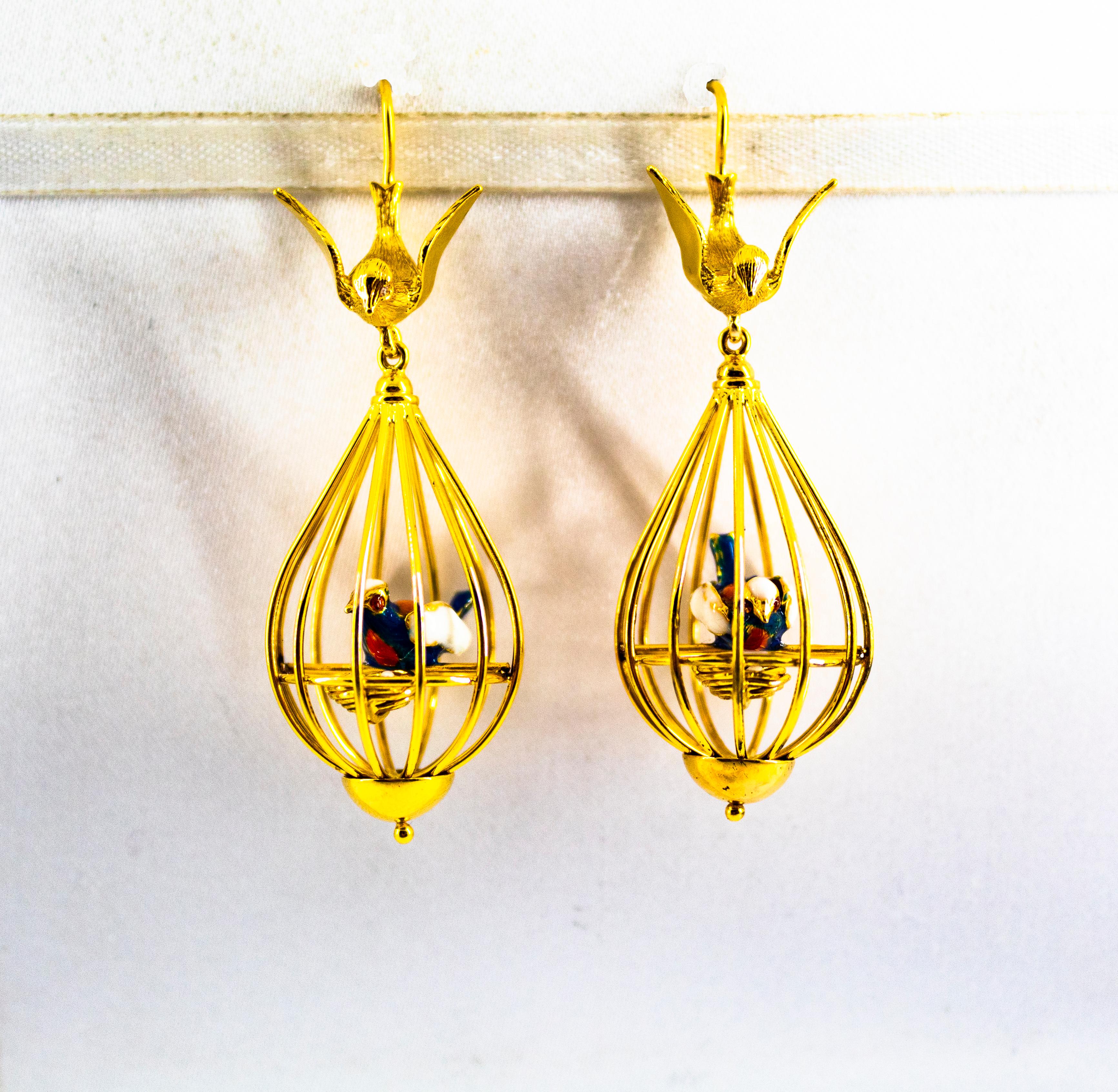 Art Nouveau Style White Diamond Pearl Enamel Yellow Gold Birdcage Drop Earrings In New Condition In Naples, IT