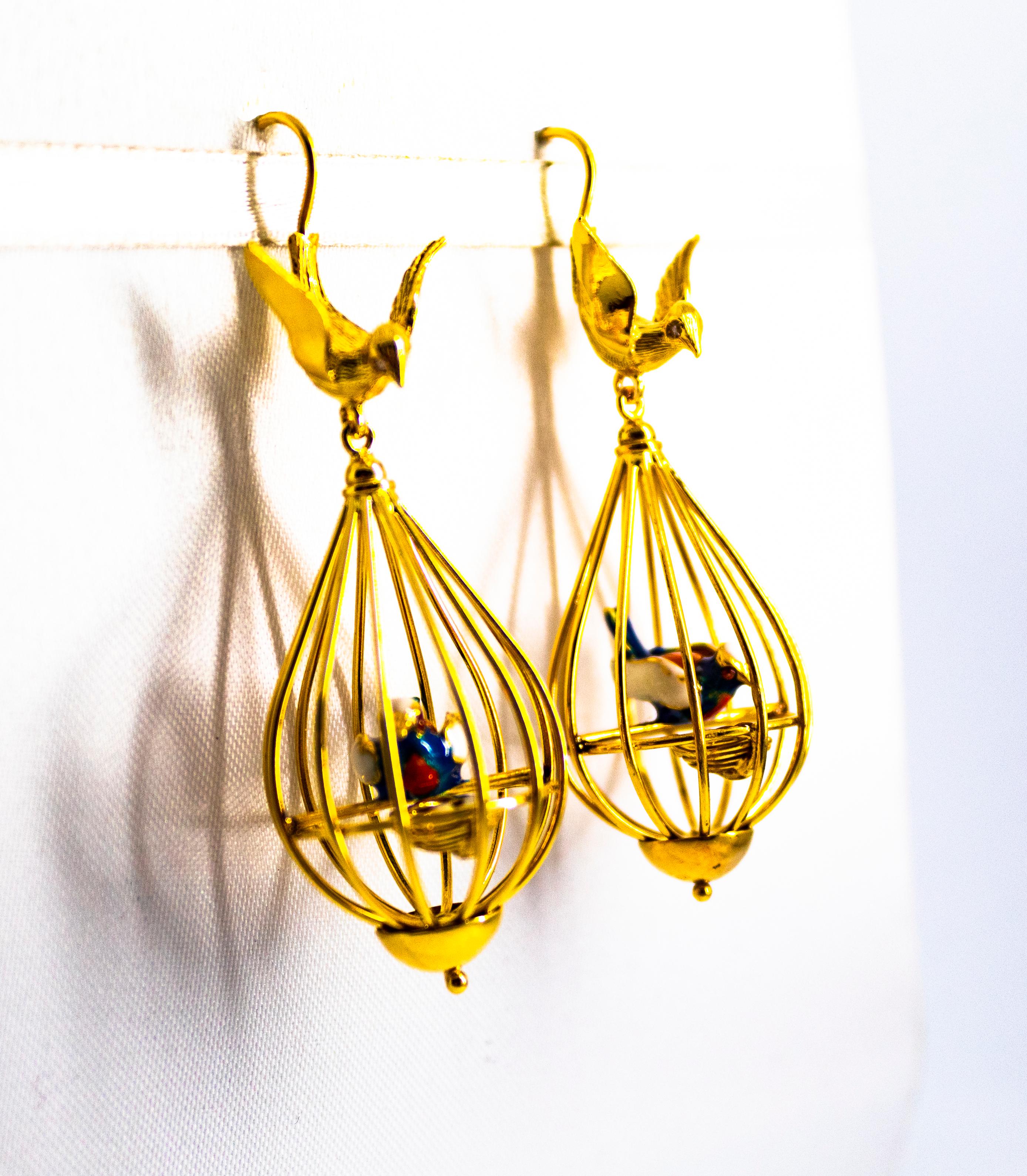 Women's or Men's Art Nouveau Style White Diamond Pearl Enamel Yellow Gold Birdcage Drop Earrings