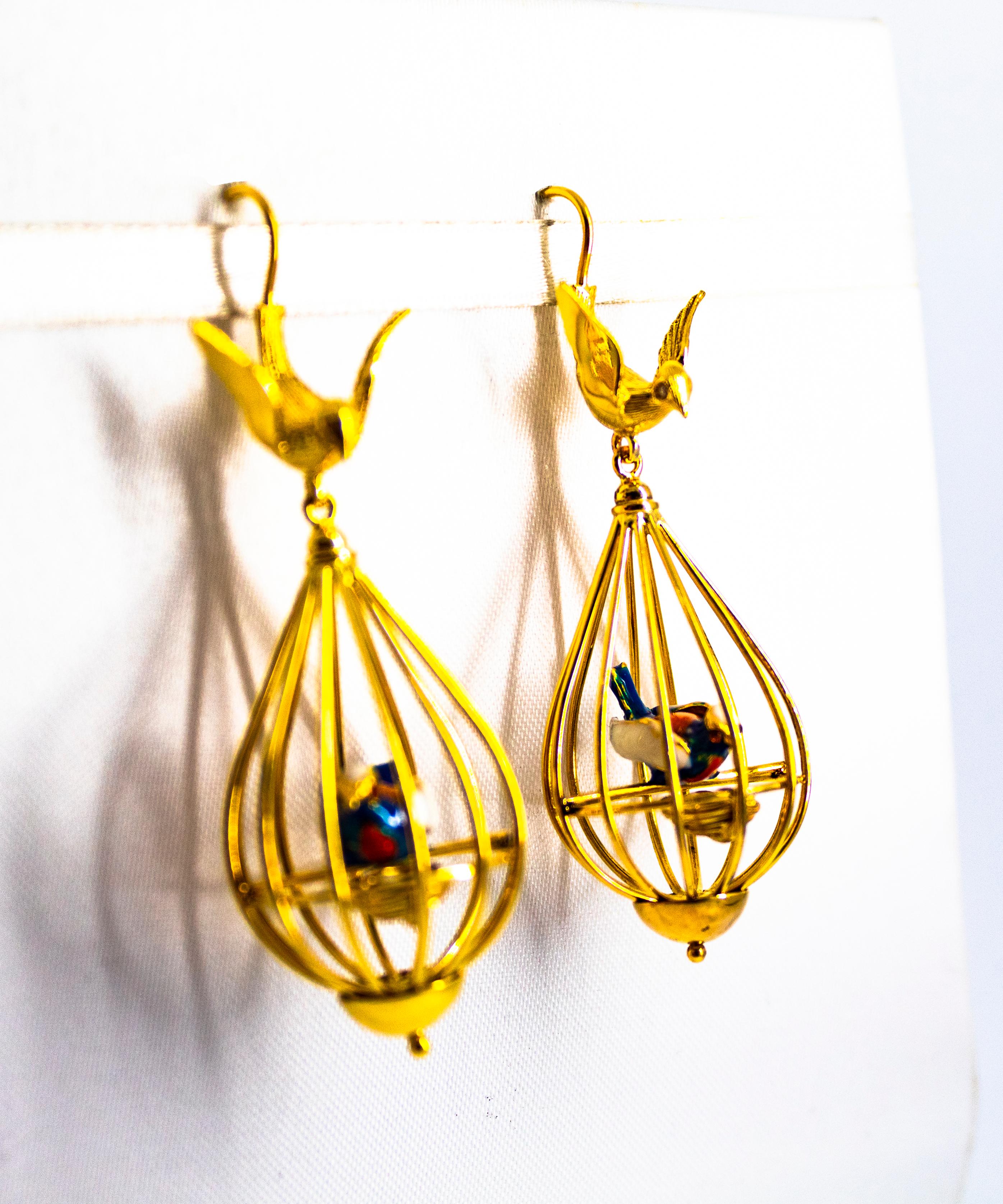 Art Nouveau Style White Diamond Pearl Enamel Yellow Gold Birdcage Drop Earrings 1