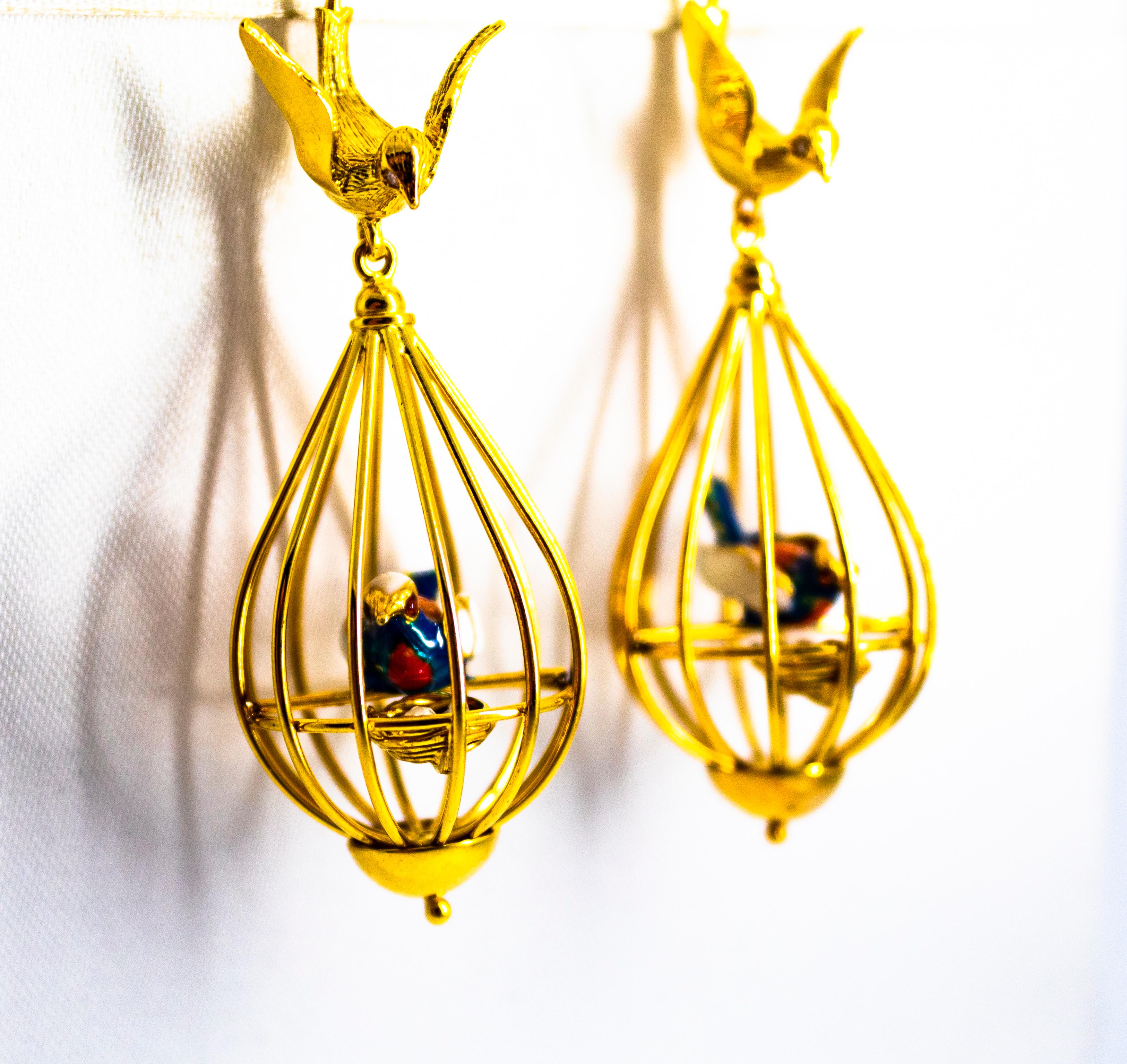 Art Nouveau Style White Diamond Pearl Enamel Yellow Gold Birdcage Drop Earrings For Sale 2