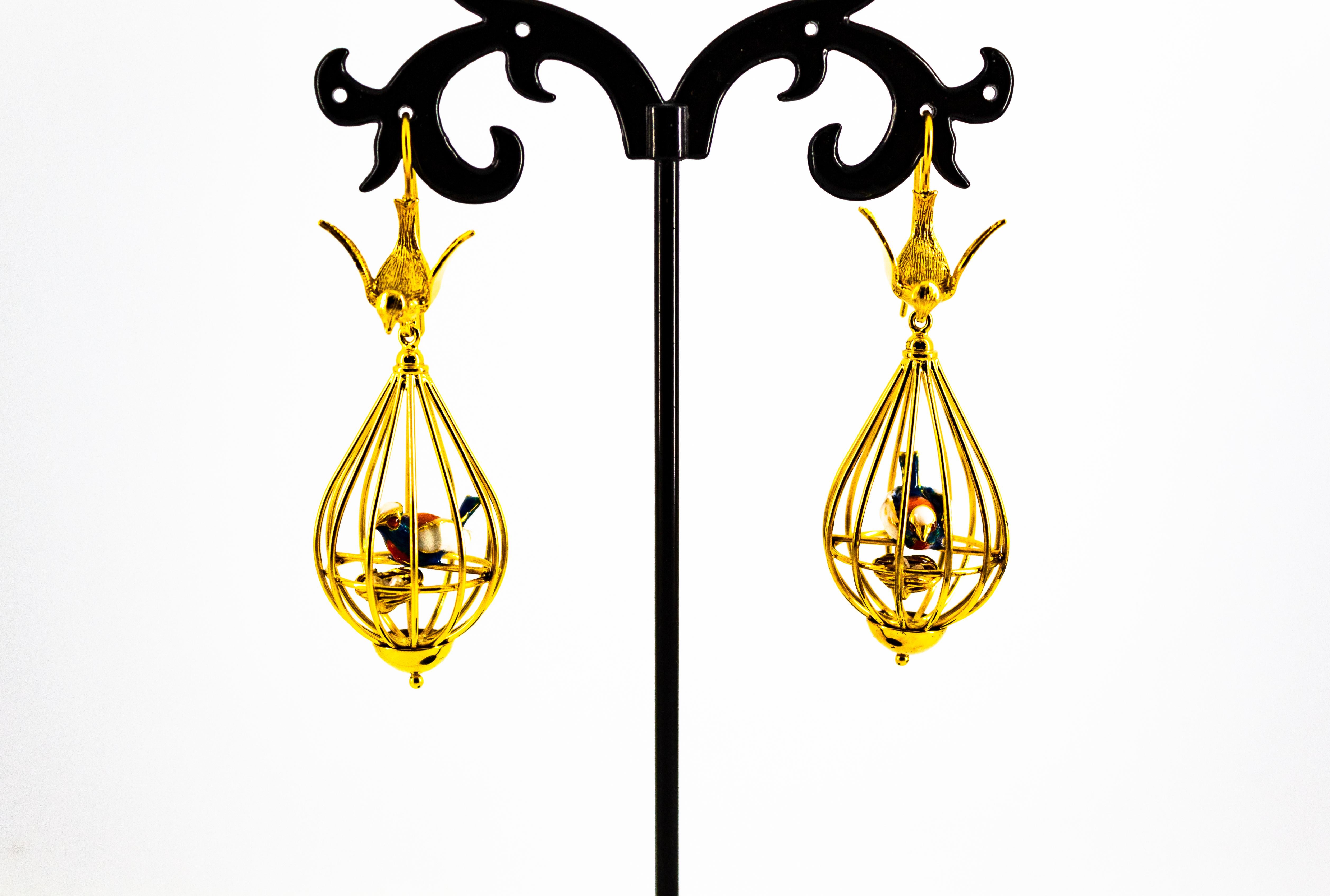 Art Nouveau Style White Diamond Pearl Enamel Yellow Gold Birdcage Drop Earrings For Sale 3