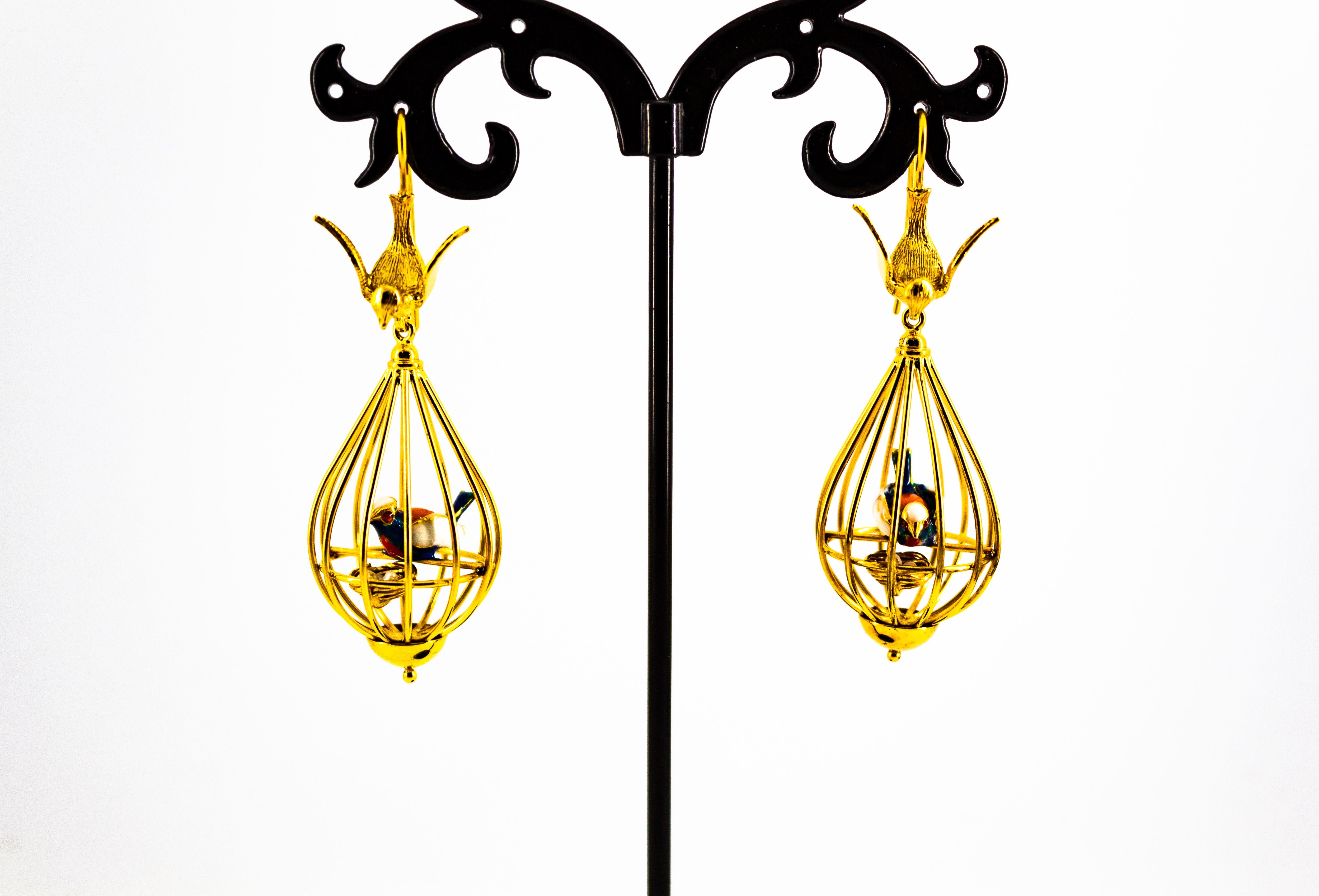 Art Nouveau Style White Diamond Pearl Enamel Yellow Gold Birdcage Drop Earrings 4