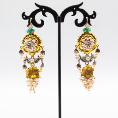 Art Nouveau Style White Diamond Pearl Enamel Yellow Gold "Flowers" Earrings