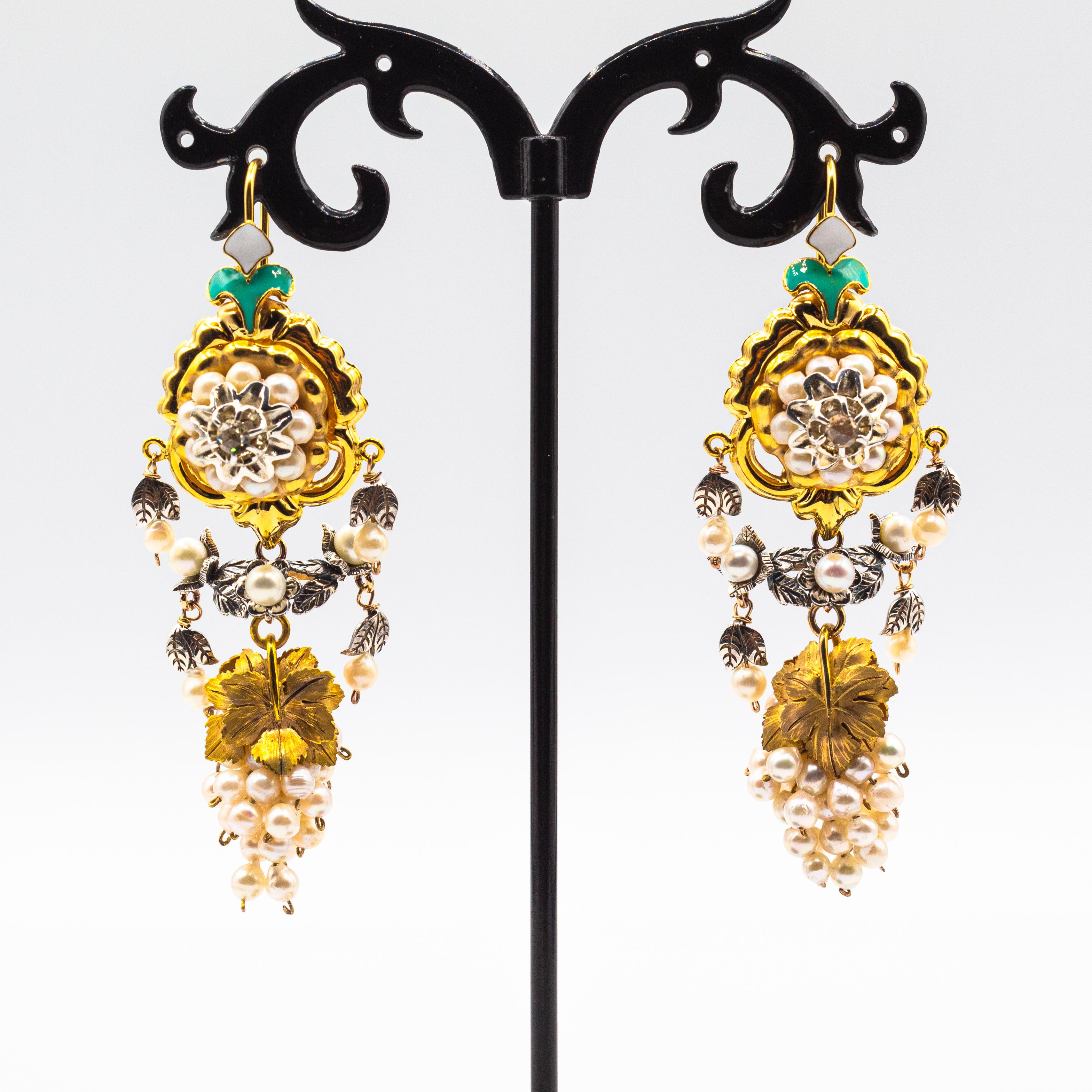 Rose Cut Art Nouveau Style White Diamond Pearl Enamel Yellow Gold 