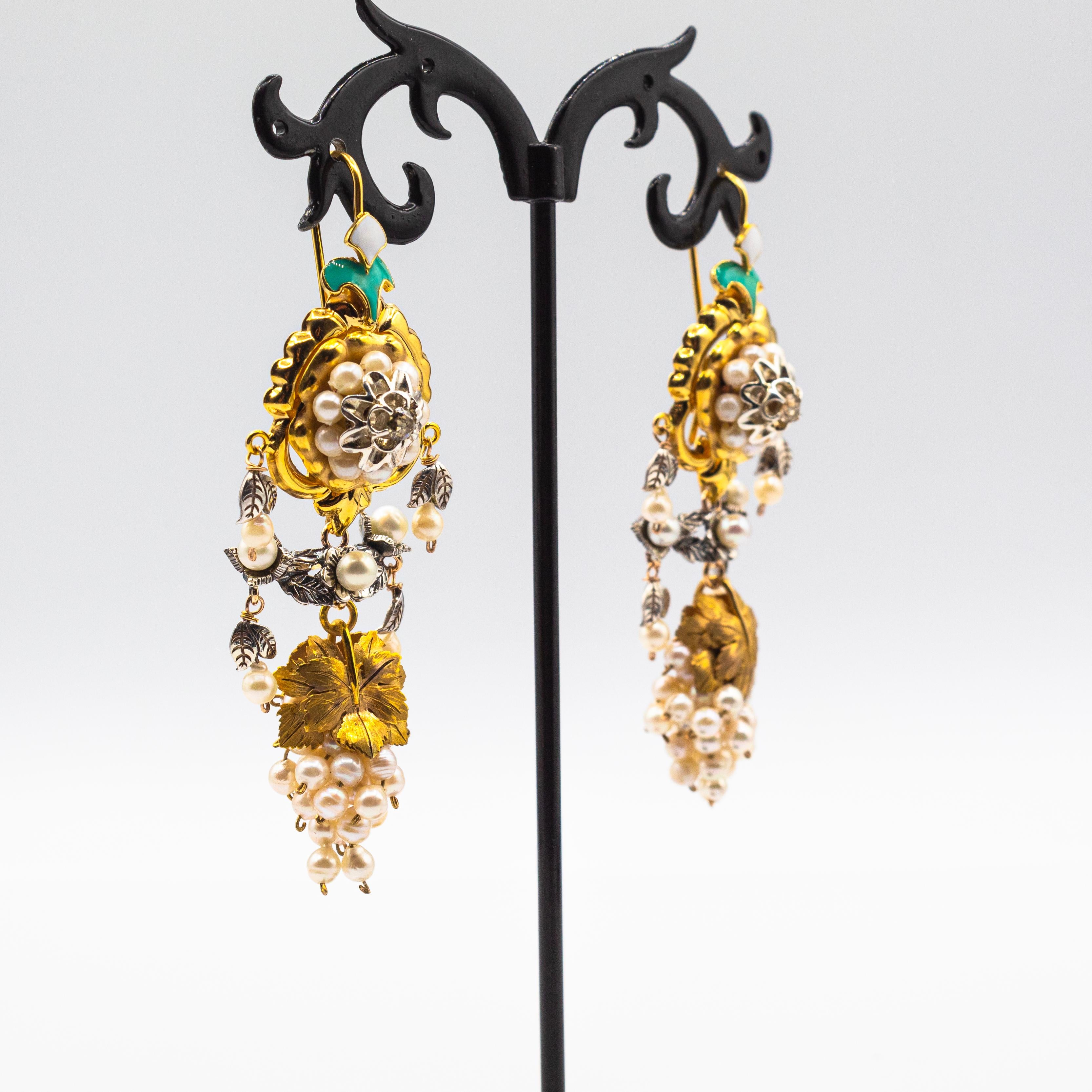 Art Nouveau Style White Diamond Pearl Enamel Yellow Gold 