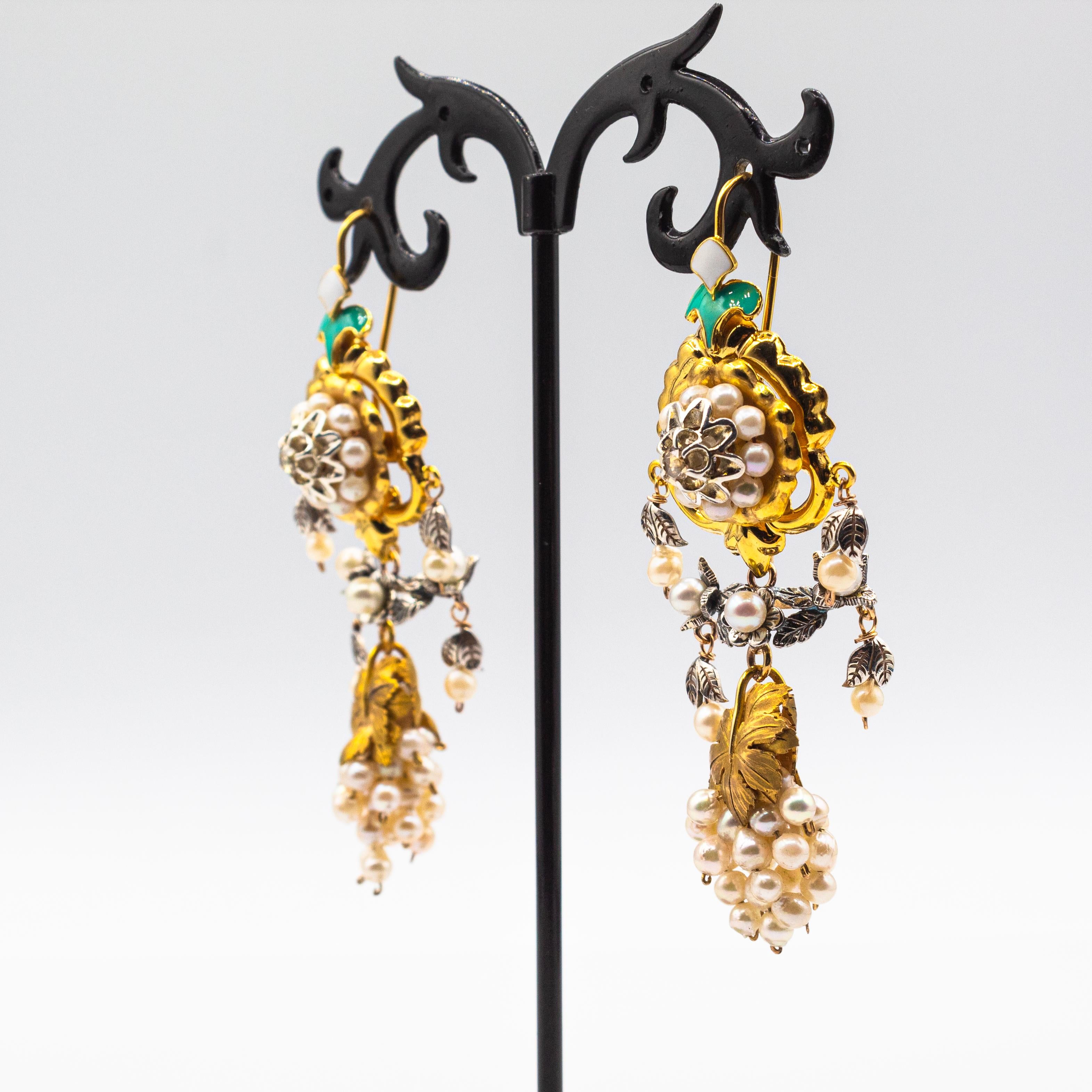Art Nouveau Style White Diamond Pearl Enamel Yellow Gold 