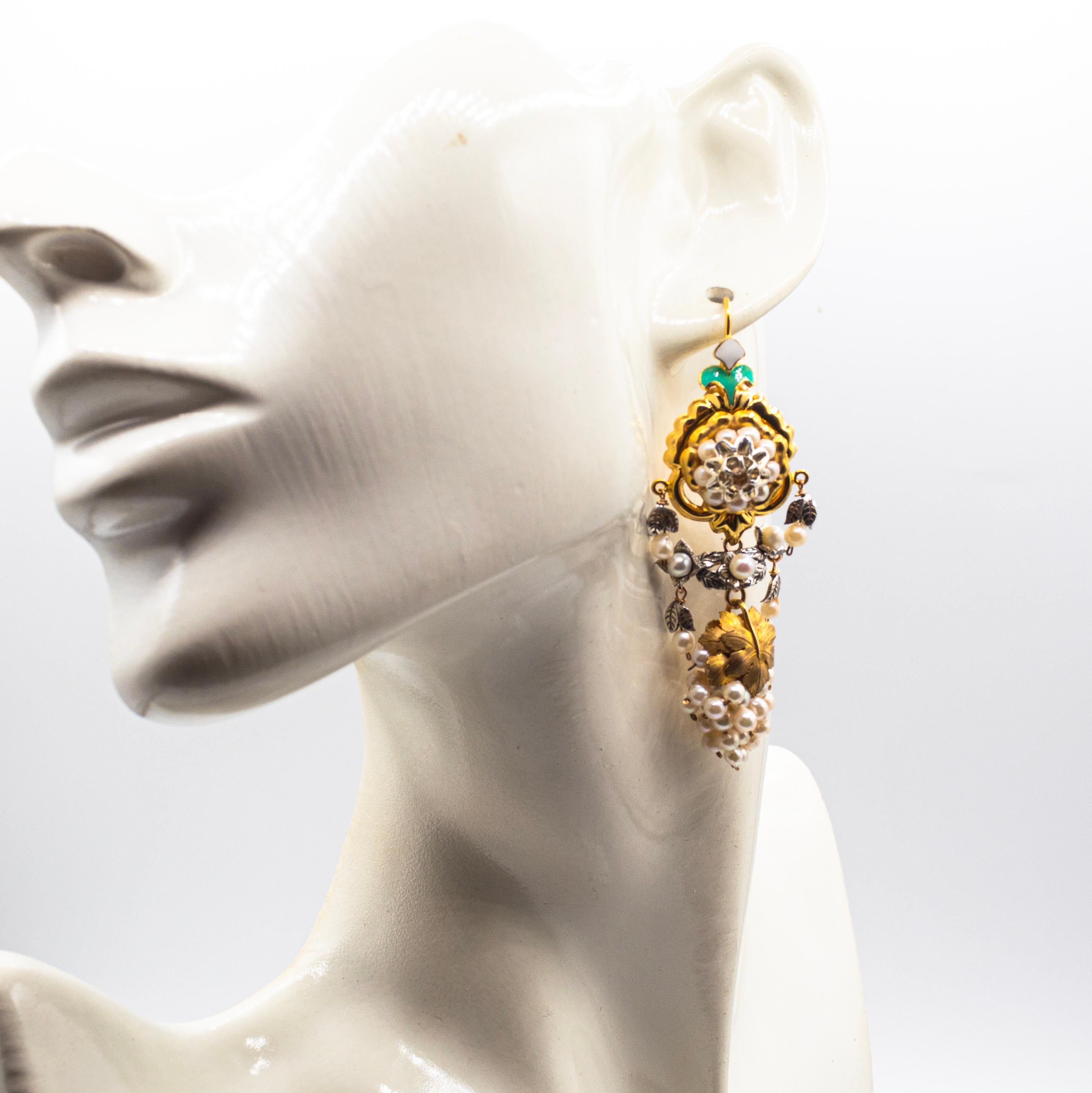 Art Nouveau Style White Diamond Pearl Enamel Yellow Gold 