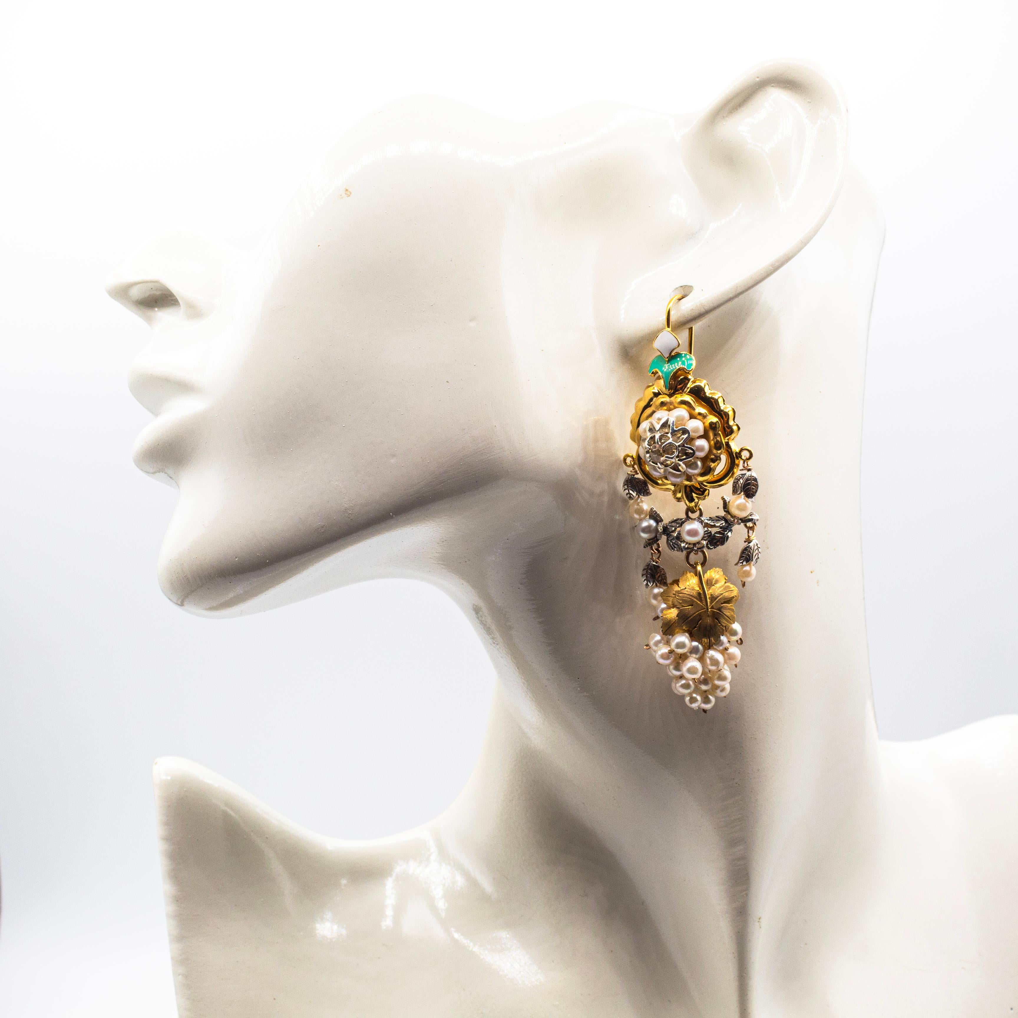 Art Nouveau Style White Diamond Pearl Enamel Yellow Gold 