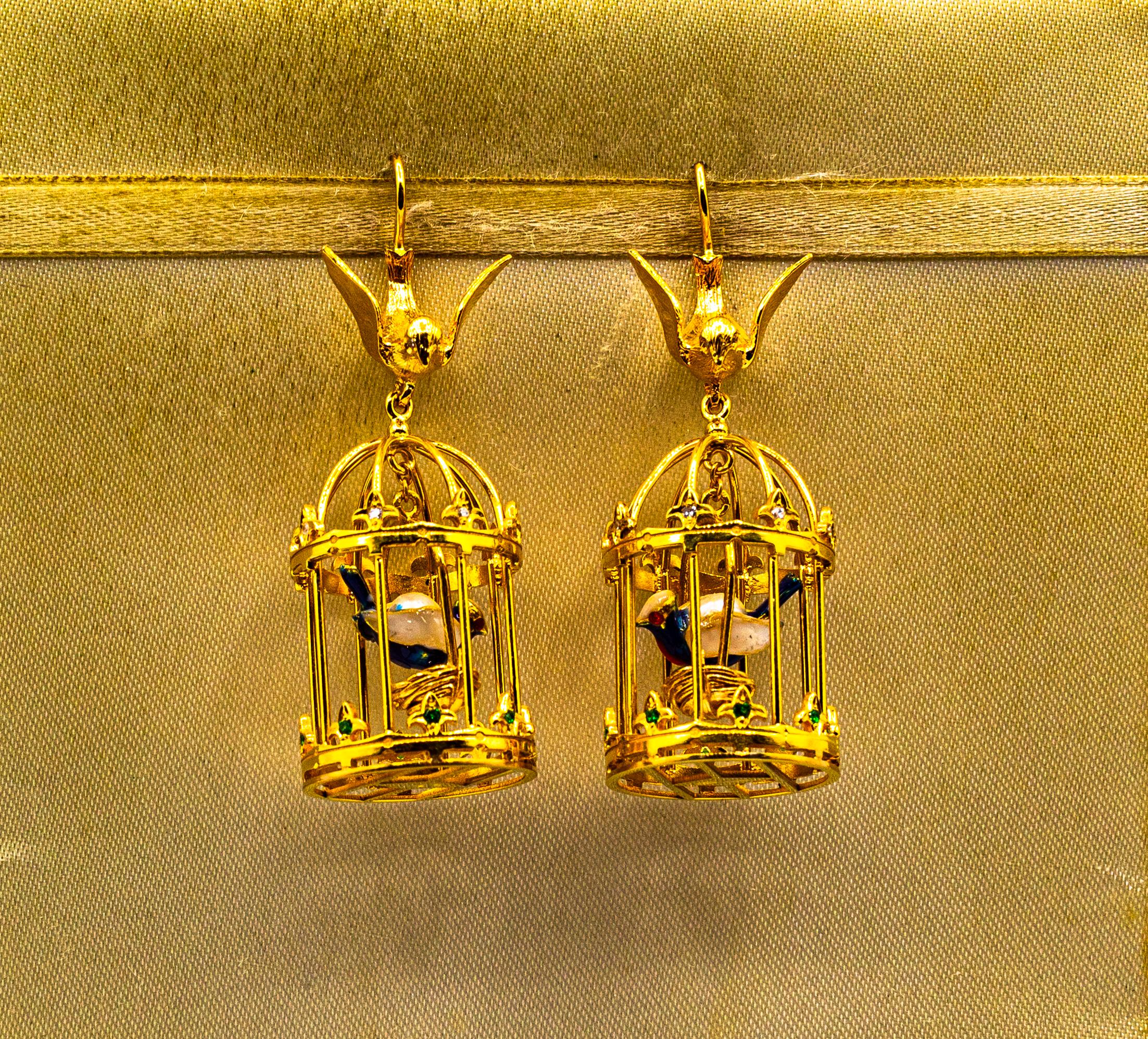 These Stud Earrings are made of 9K Yellow Gold.
These Earrings have 0.20 Carats of White Brilliant Cut Diamonds.
These Earrings have 0.16 Carats of Tsavorite.
These Earrings have also Enamel and Pearls.

All our Earrings have pins for pierced ears