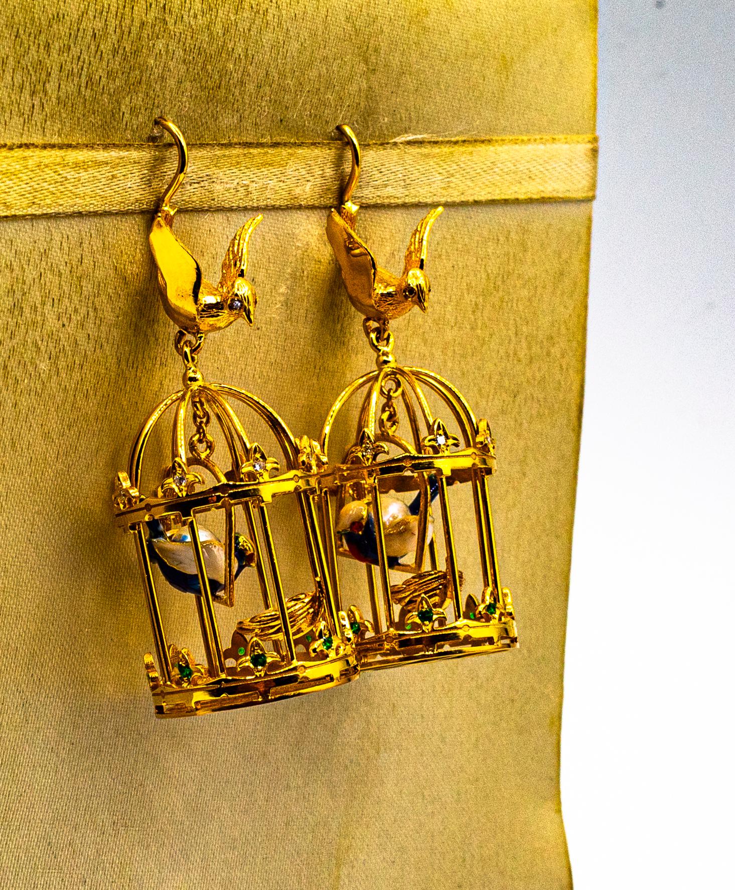 Brilliant Cut Art Nouveau Style White Diamond Pearl Tsavorite Yellow Gold 