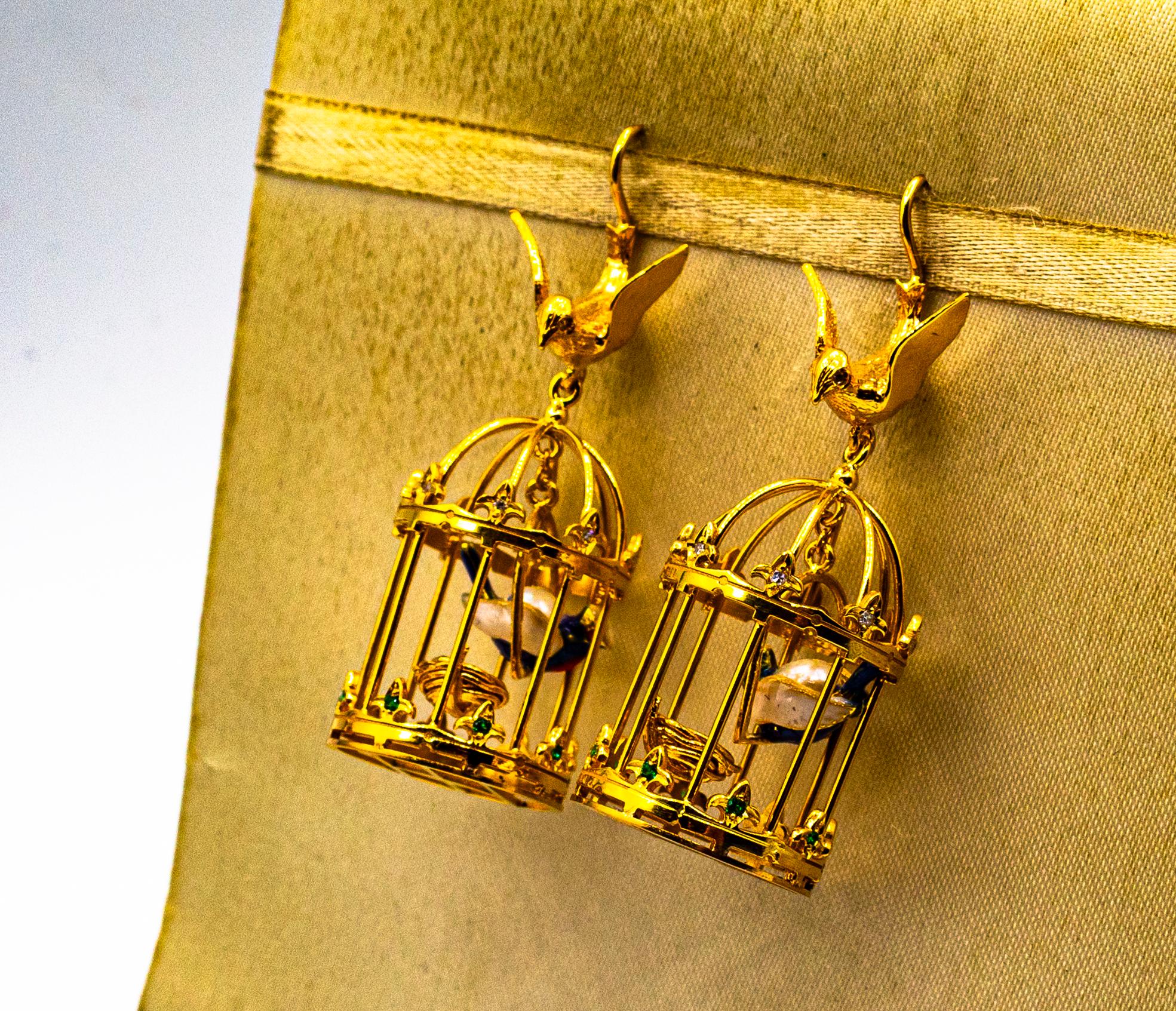 Jugendstil-Ohrringe „Birdcage“ mit weißen Diamanten, Perlen und Tsavorit in Gelbgold (Brillantschliff) im Angebot