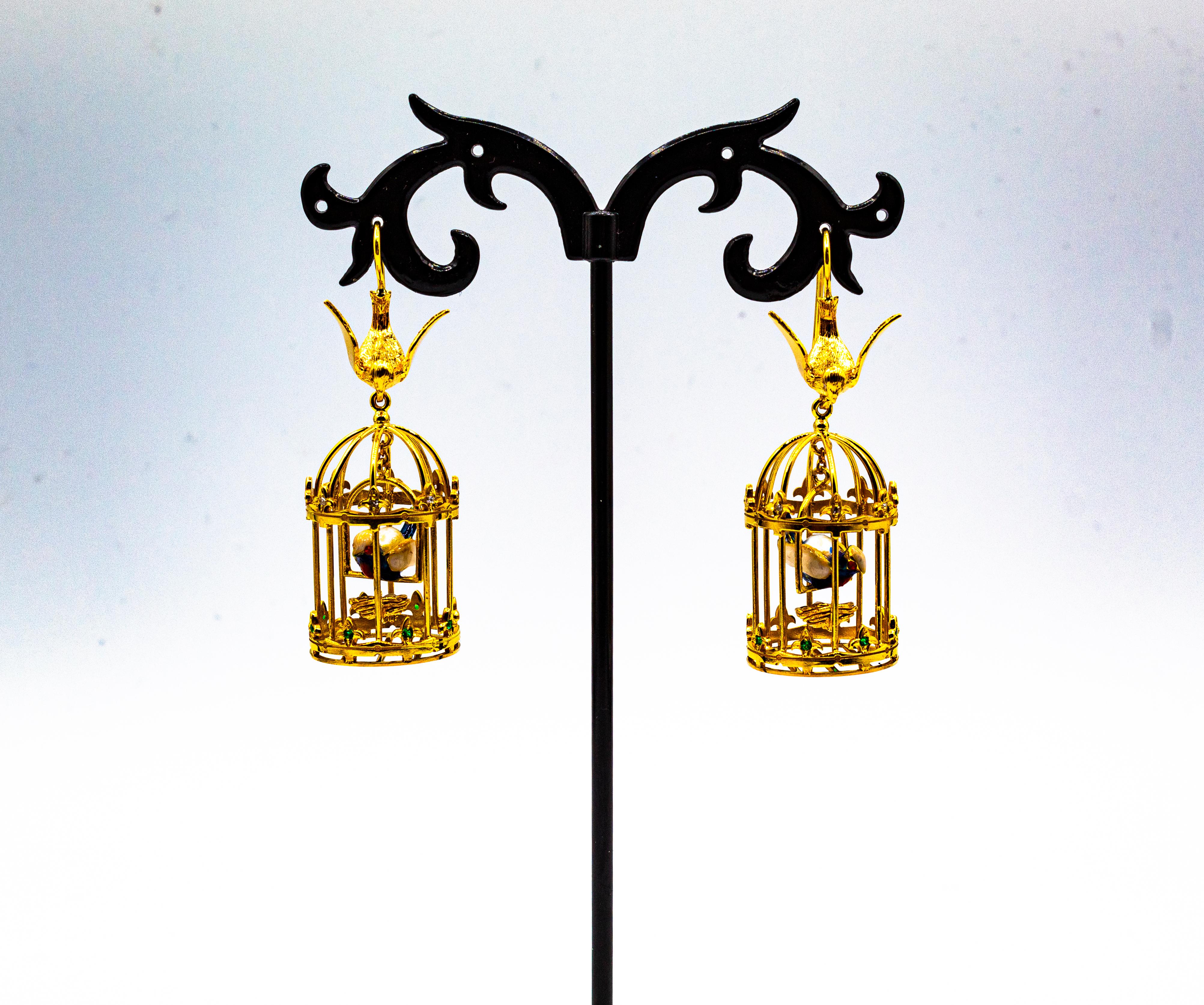 Jugendstil-Ohrringe „Birdcage“ mit weißen Diamanten, Perlen und Tsavorit in Gelbgold im Zustand „Neu“ im Angebot in Naples, IT