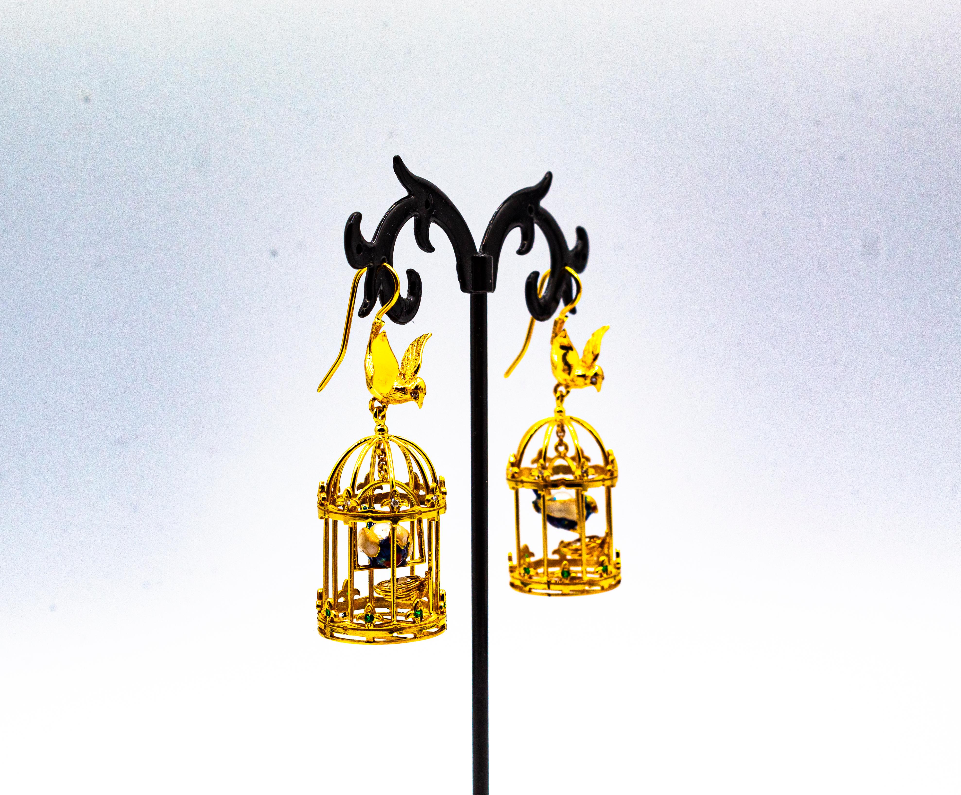 Jugendstil-Ohrringe „Birdcage“ mit weißen Diamanten, Perlen und Tsavorit in Gelbgold für Damen oder Herren im Angebot