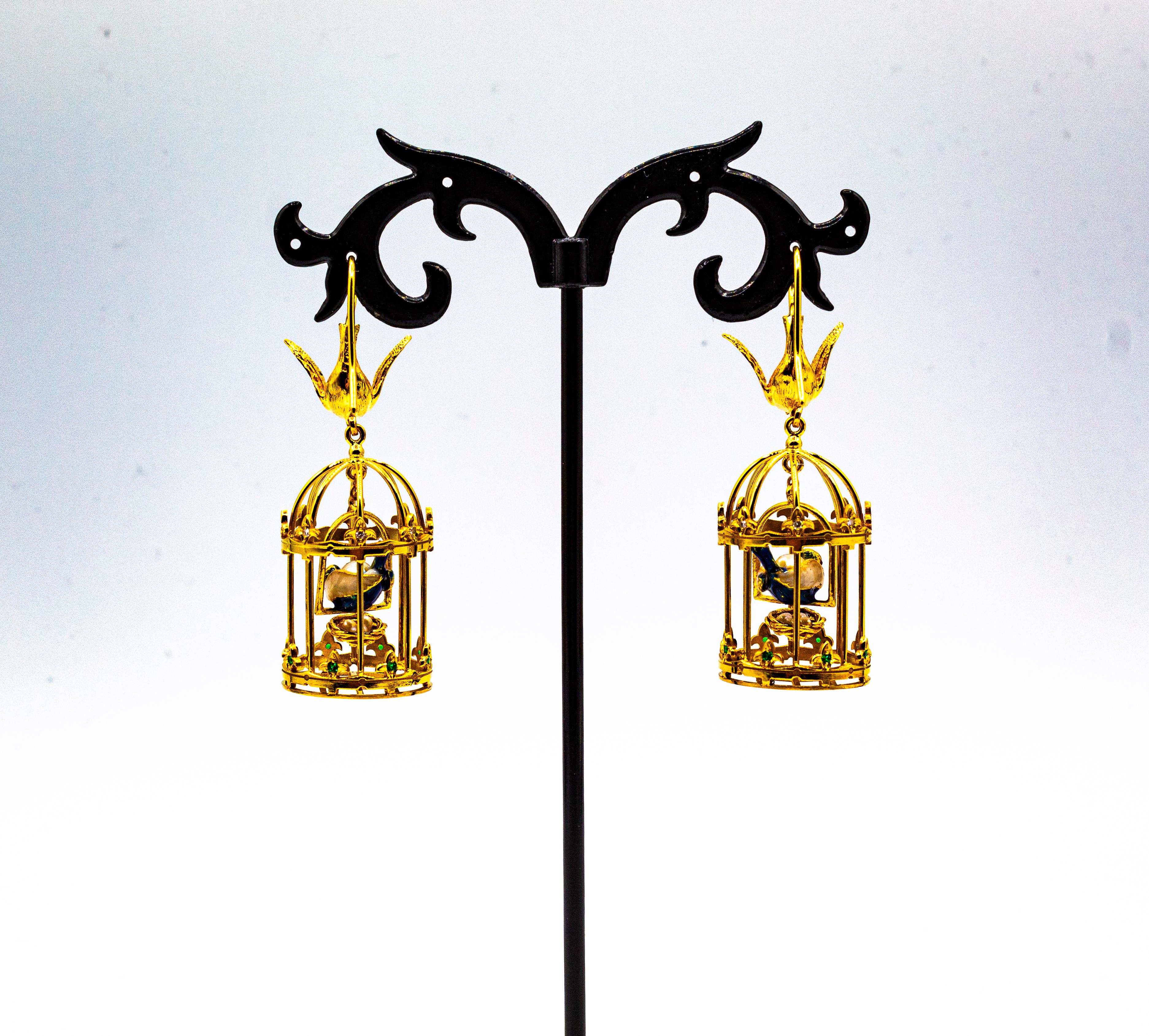 Women's or Men's Art Nouveau Style White Diamond Pearl Tsavorite Yellow Gold 
