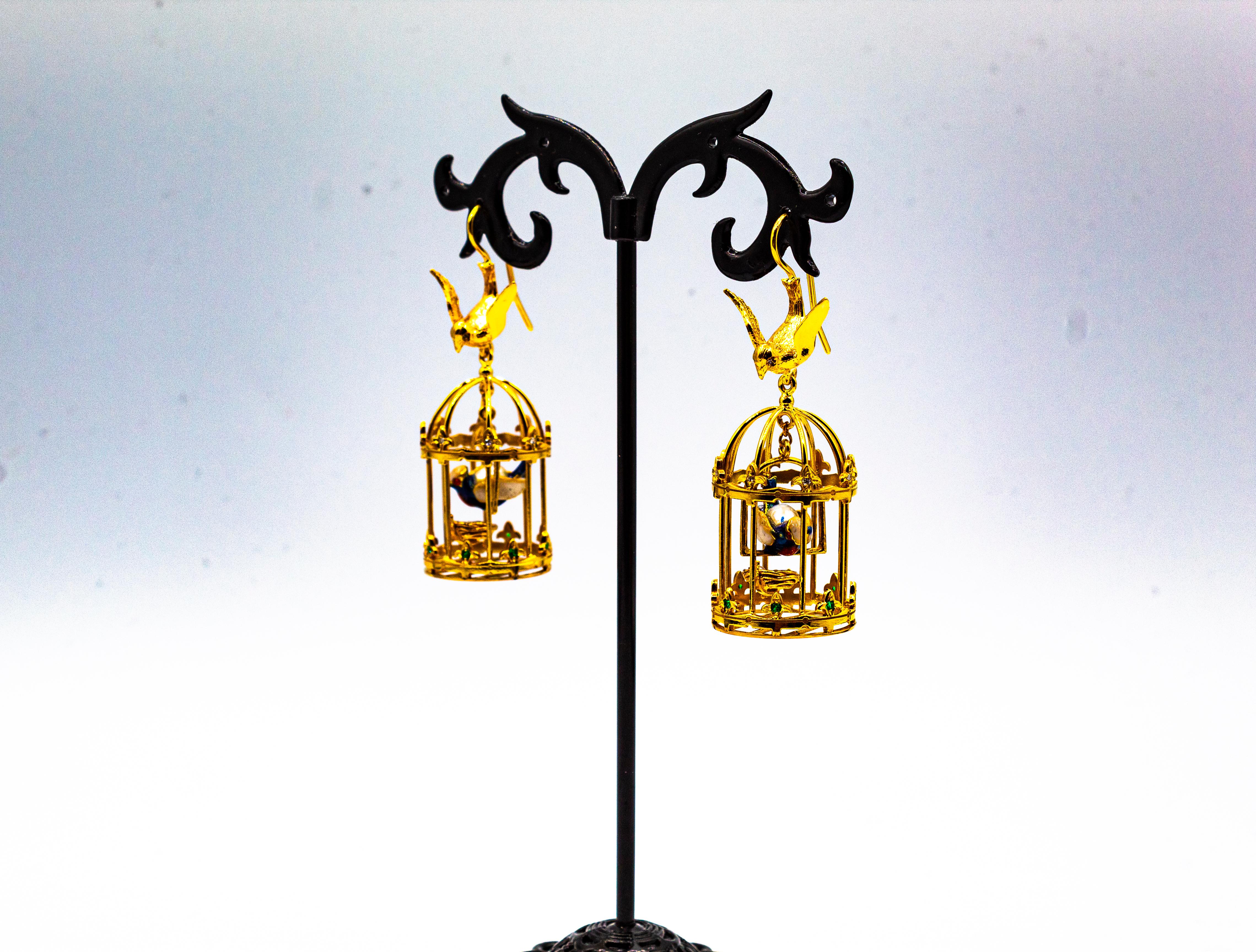Jugendstil-Ohrringe „Birdcage“ mit weißen Diamanten, Perlen und Tsavorit in Gelbgold im Angebot 2