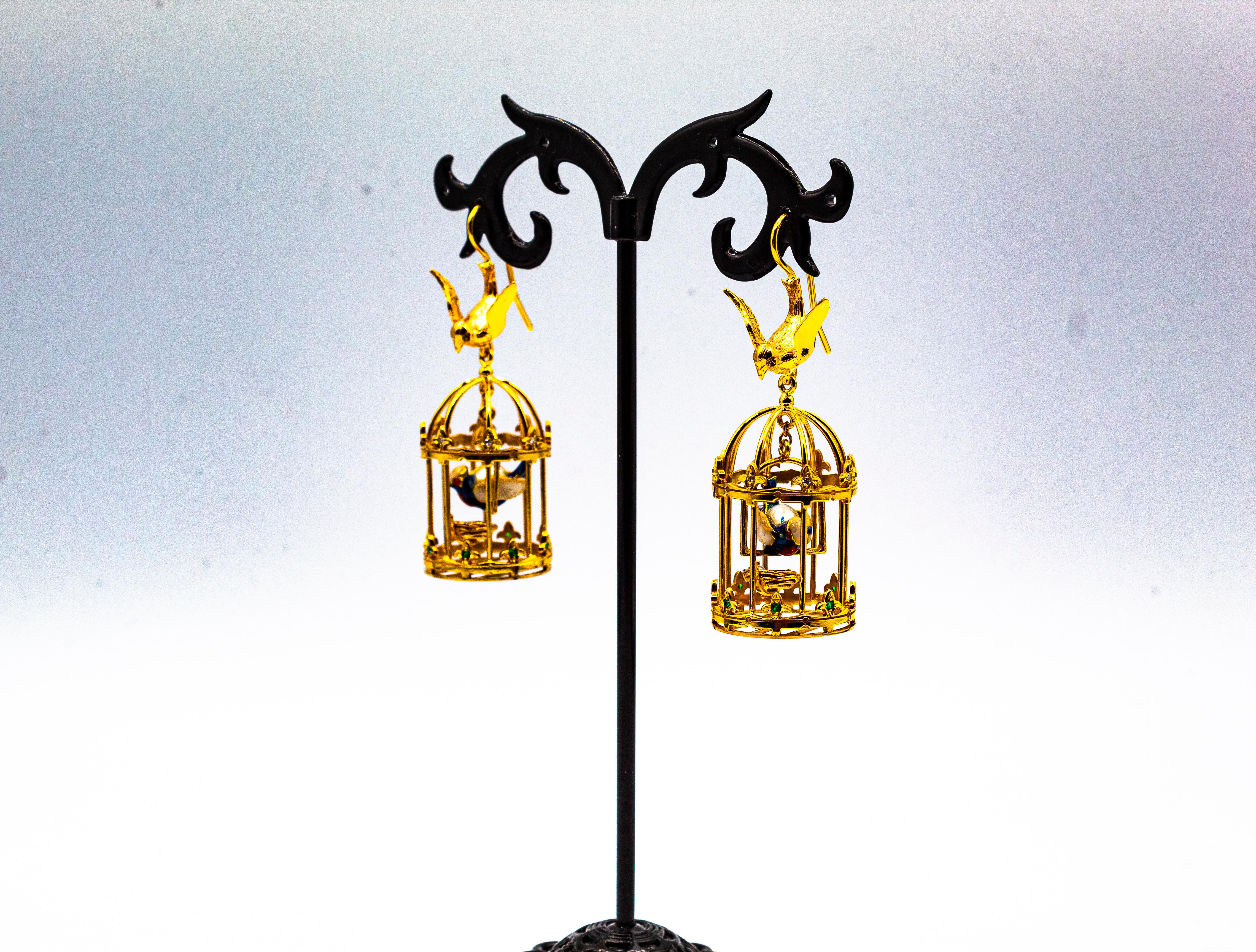Art Nouveau Style White Diamond Pearl Tsavorite Yellow Gold 