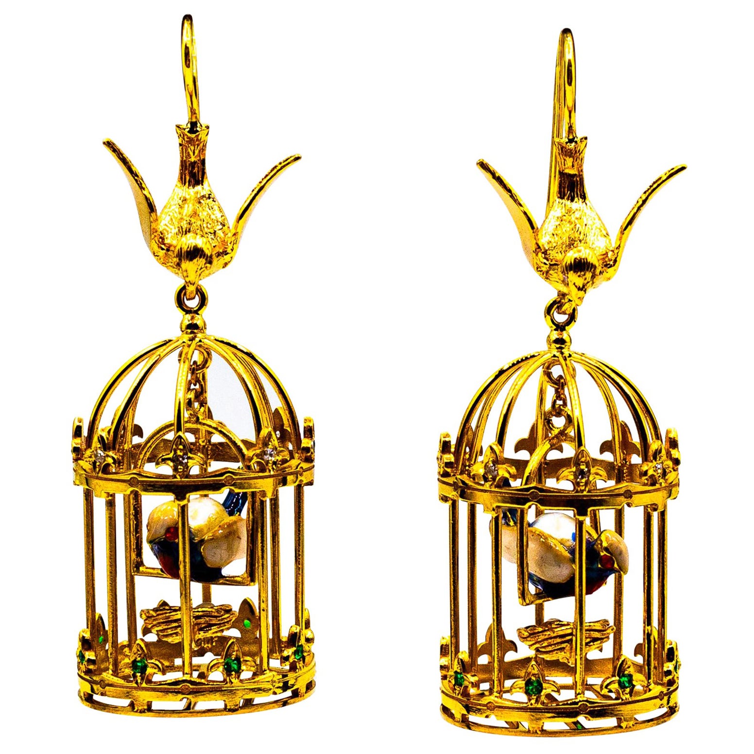 Orecchini "Birdcage" in stile Art Nouveau in oro giallo con perle e diamanti bianchi e tsavorite