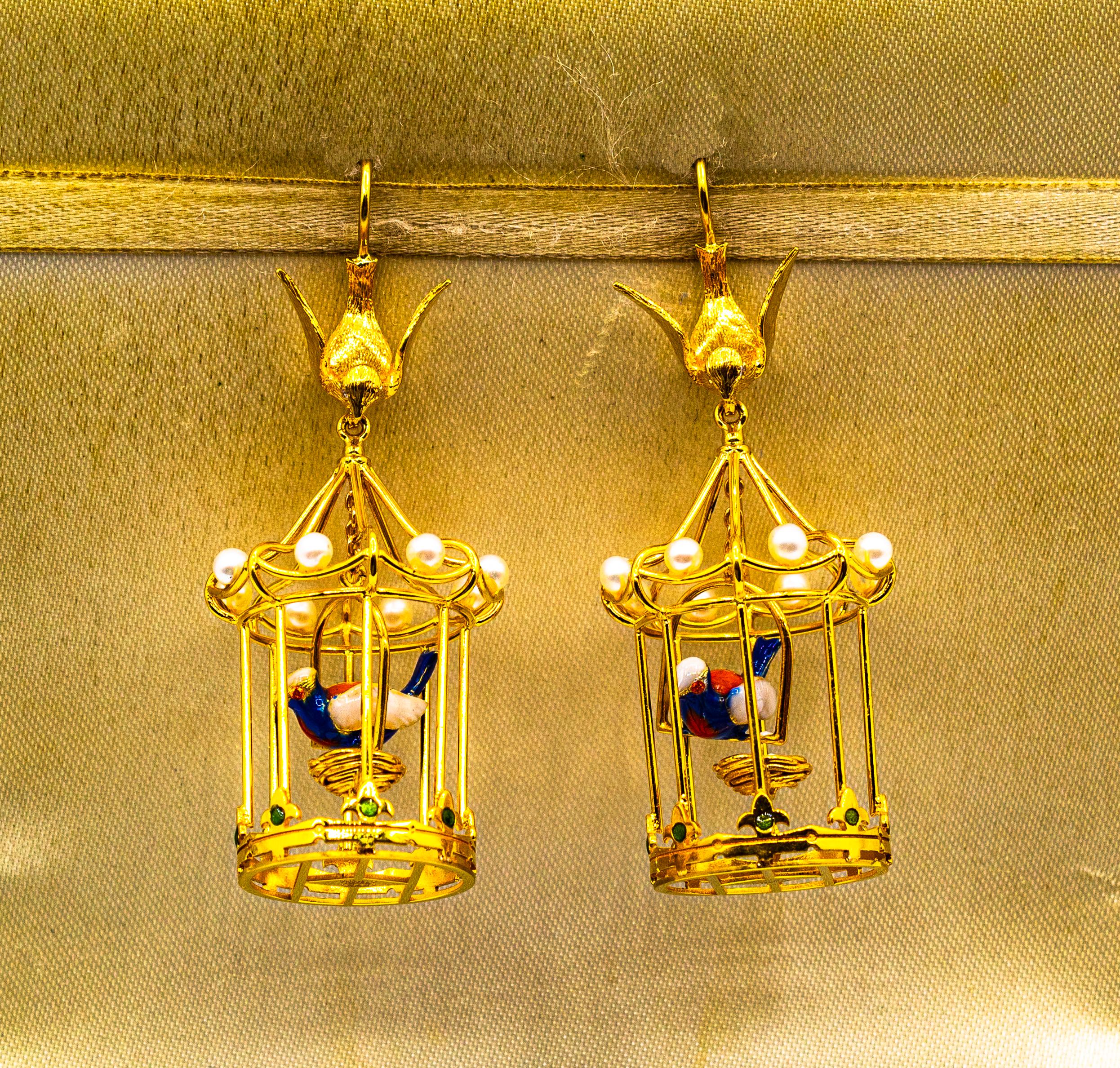 These Stud Earrings are made of 9K Yellow Gold.
These Earrings have 0.04 Carats of White Brilliant Cut Diamonds.
These Earrings have also Enamel and Pearls.

All our Earrings have pins for pierced ears but we can change the closure and make any of