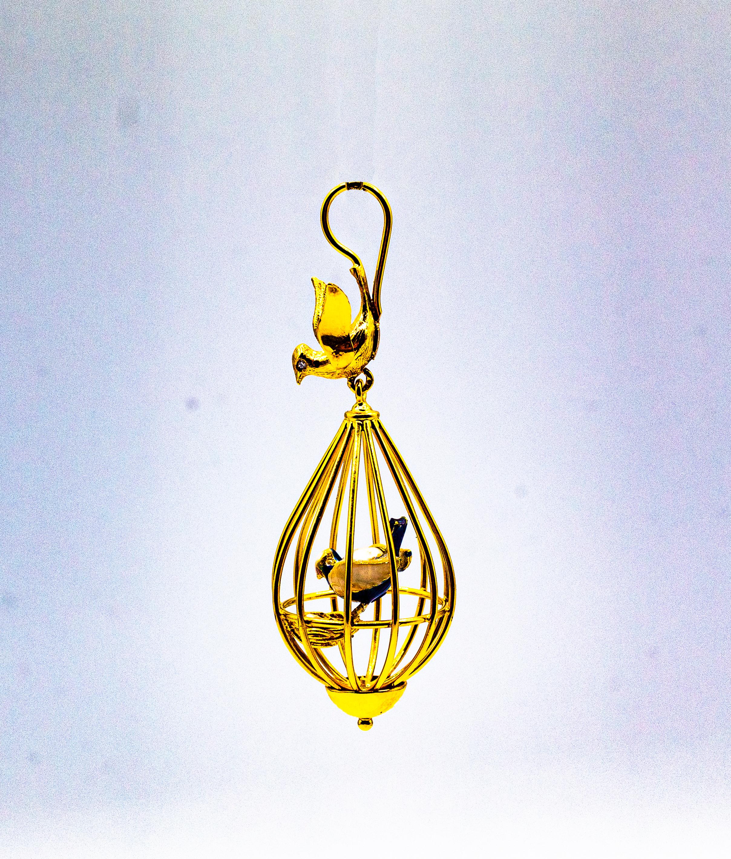 Art nouveau Collier pendentif « Birdcage » de style Art Nouveau en or jaune avec diamants blancs et perles en vente