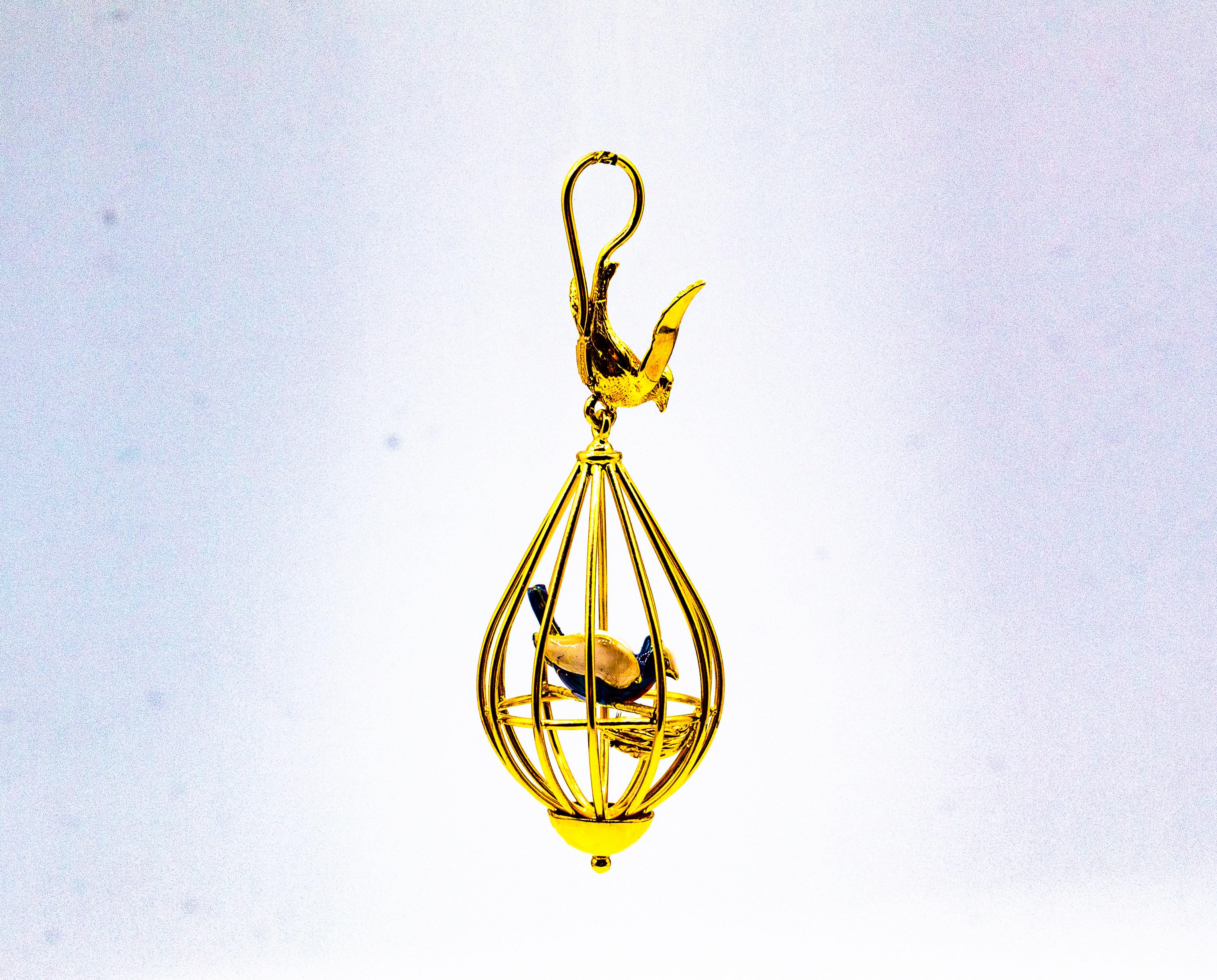 Taille brillant Collier pendentif « Birdcage » de style Art Nouveau en or jaune avec diamants blancs et perles en vente