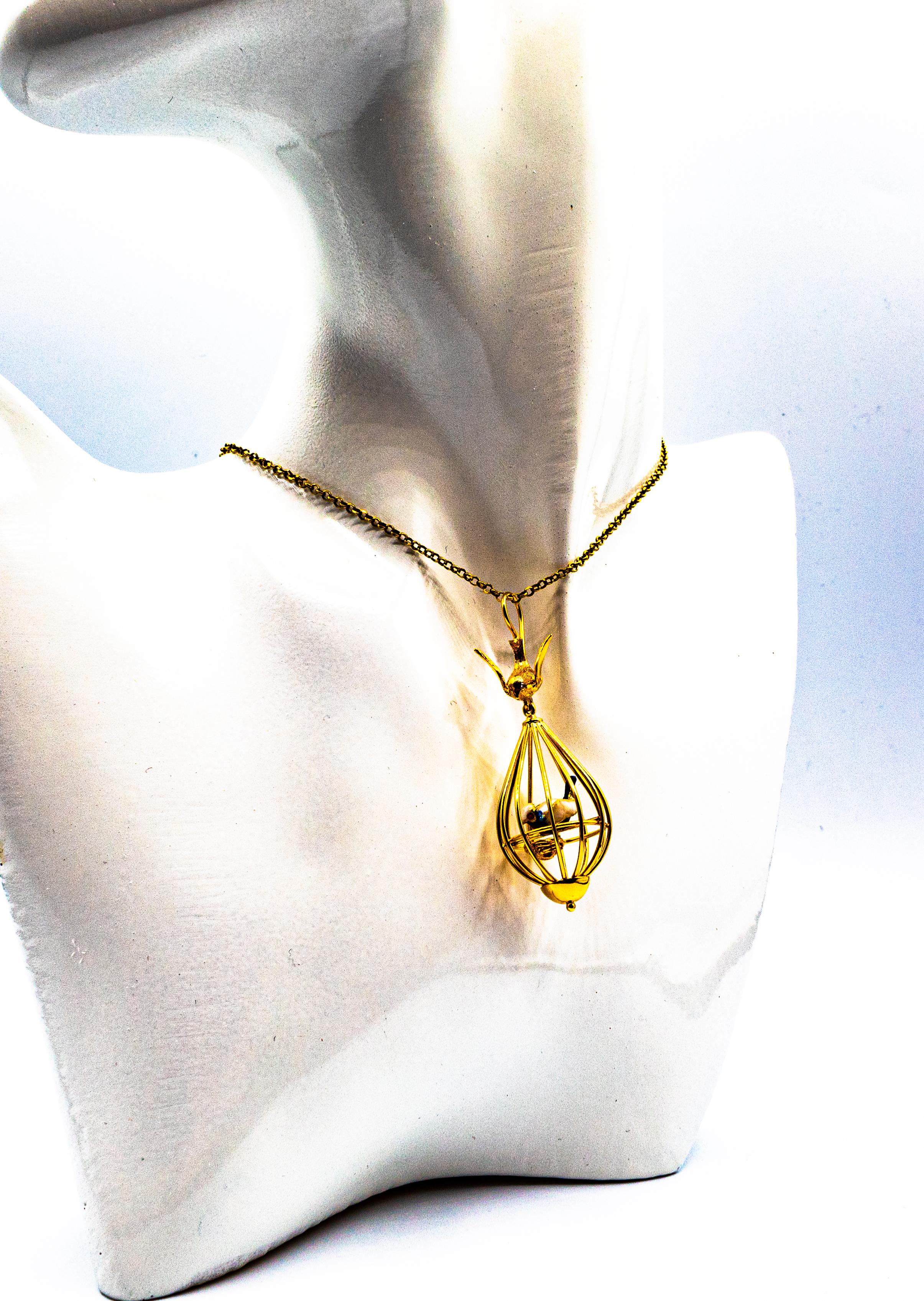 Anhänger-Halskette im Jugendstil, weißer Diamant Perle Gelbgold 