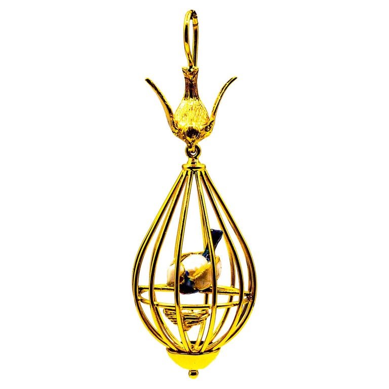 Art Nouveau Style White Diamond Pearl Yellow Gold "Birdcage" Pendant Necklace For Sale